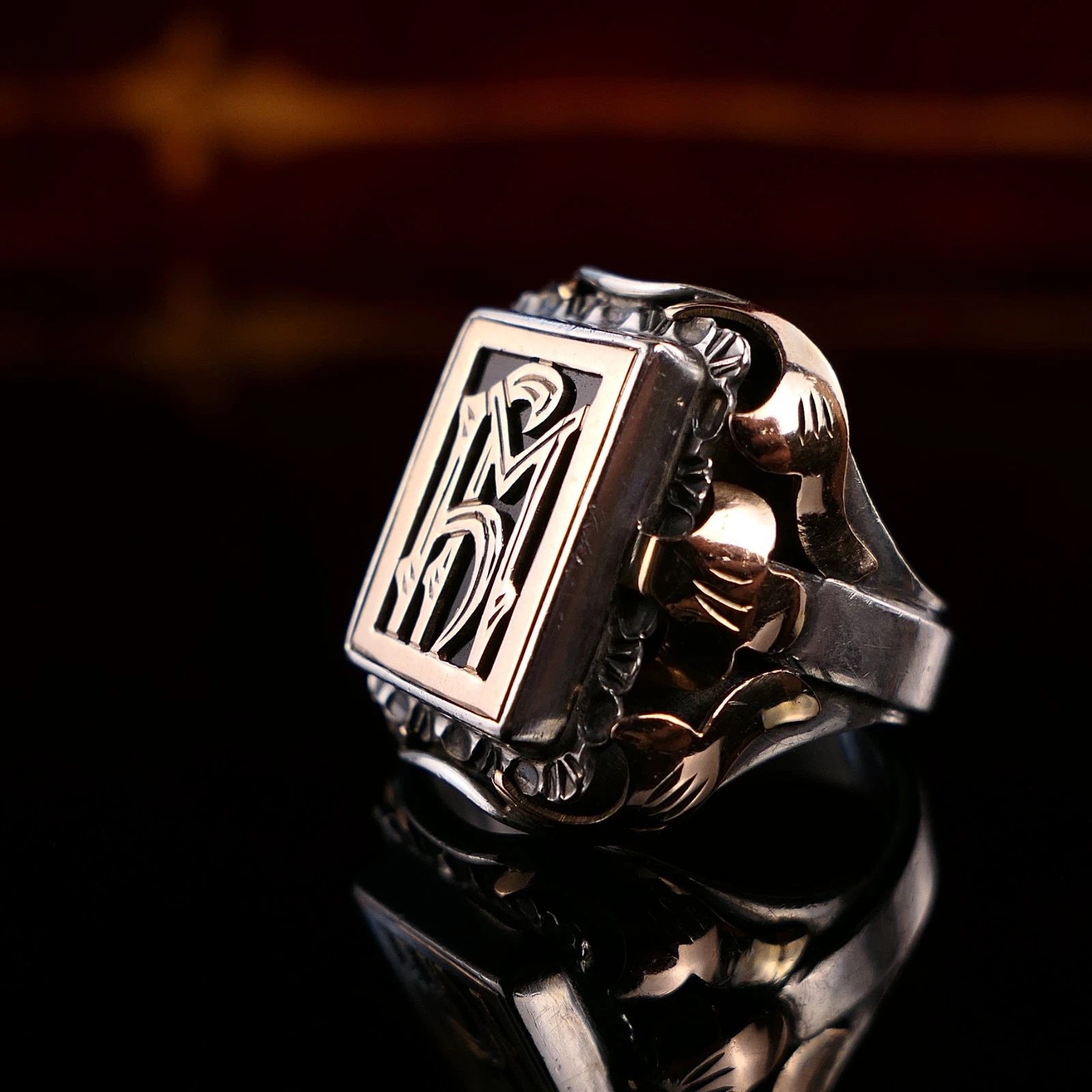 Antiker Monogrammring Siegelring Initialen WY / hM Silberring min. 800 Silber & 333 Gold RG 63 (20,0mm Ø) Vintage Alt