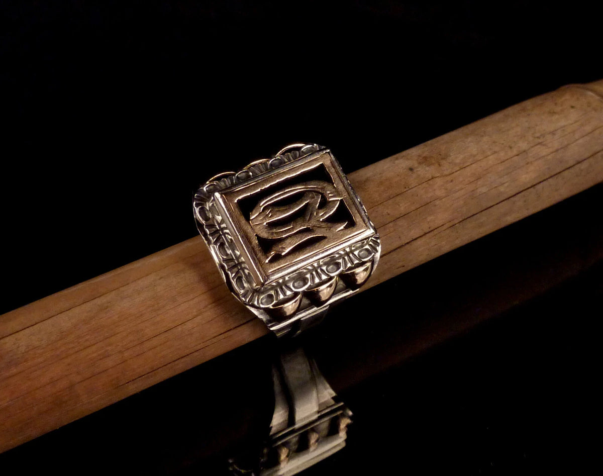 Antiker Monogrammring Siegelring Initialen OM / WO Silberring 900 Silber & 333 Gold RG 67 (21,3mm Ø) Vintage Alt