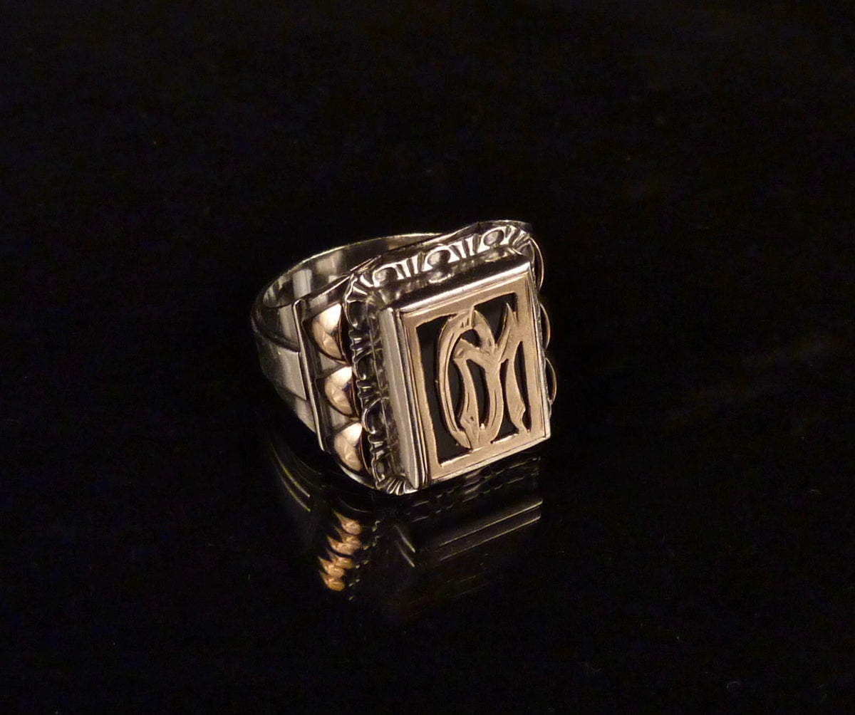 Antiker Monogrammring Siegelring Initialen OM / WO Silberring 900 Silber & 333 Gold RG 67 (21,3mm Ø) Vintage Alt