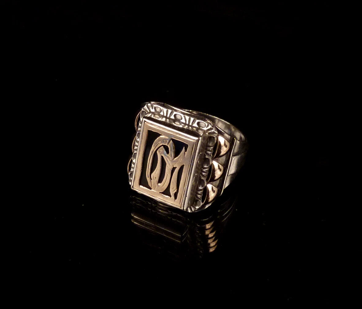 Antiker Monogrammring Siegelring Initialen OM / WO Silberring 900 Silber & 333 Gold RG 67 (21,3mm Ø) Vintage Alt