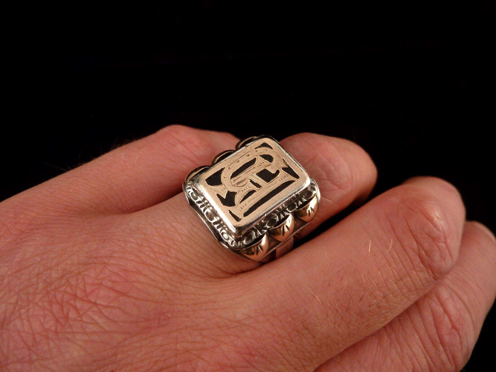 Antiker Monogrammring Siegelring Initialen GH / HG Silberring 900 Silber & 333 Gold RG 60 (19,1mm Ø) Vintage Alt