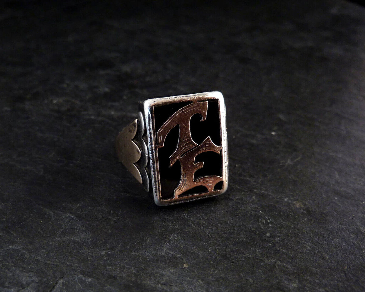 Antiker Monogrammring Siegelring Initialen TE / ET Silberring 800 Silber & 333 Gold RG 61 (19,4 mm Ø) Vintage Alt