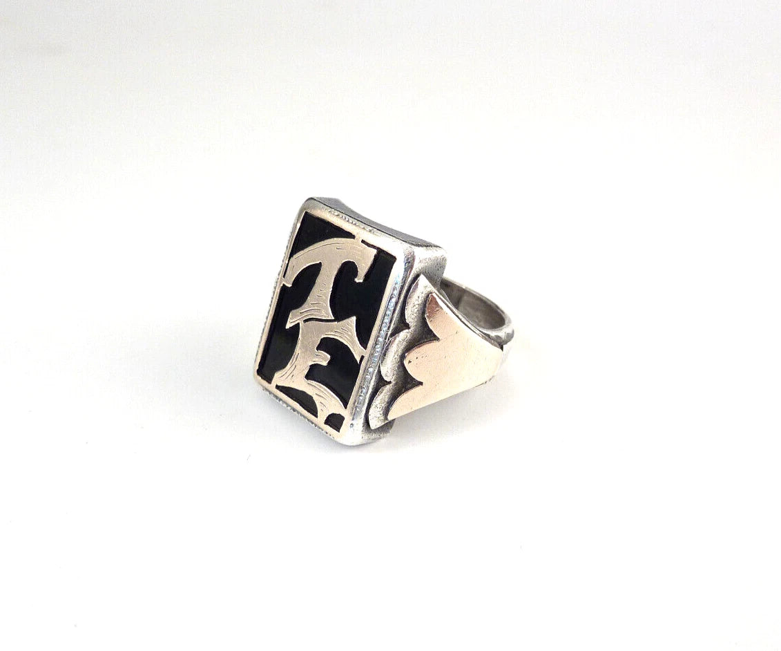 Antiker Monogrammring Siegelring Initialen TE / ET Silberring 800 Silber & 333 Gold RG 61 (19,4 mm Ø) Vintage Alt