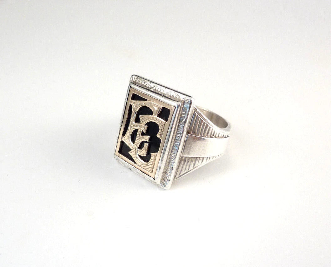 Antiker Monogrammring Siegelring Initialen EE Silberring 900 Silber & 333 Gold RG 63 (20,0 mm Ø) Vintage Alt