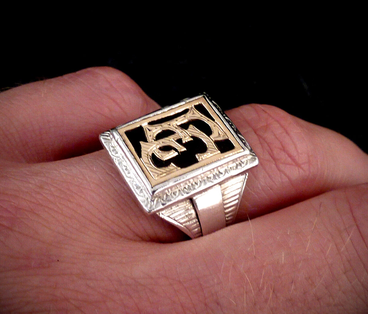 Antiker Monogrammring Siegelring Initialen EE Silberring 900 Silber & 333 Gold RG 63 (20,0 mm Ø) Vintage Alt