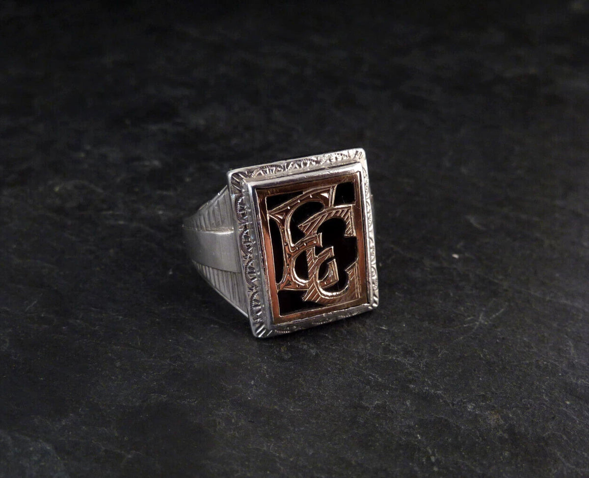 Antiker Monogrammring Siegelring Initialen EE Silberring 900 Silber & 333 Gold RG 63 (20,0 mm Ø) Vintage Alt