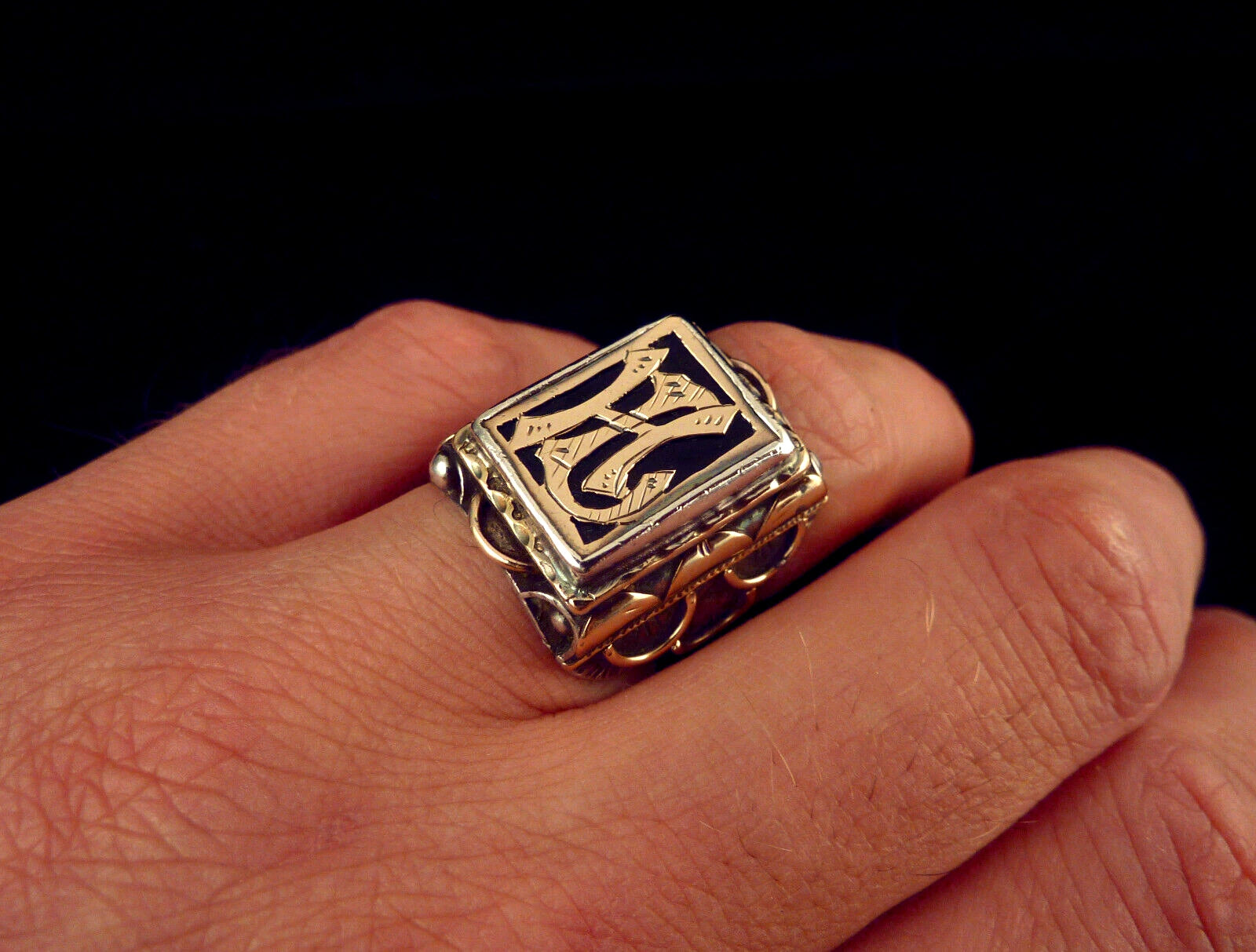 Antiker Monogrammring Siegelring Initialen HL / LH Silberring 900 Silber & 333 Gold RG 59 (18,8 mm Ø) Vintage Alt