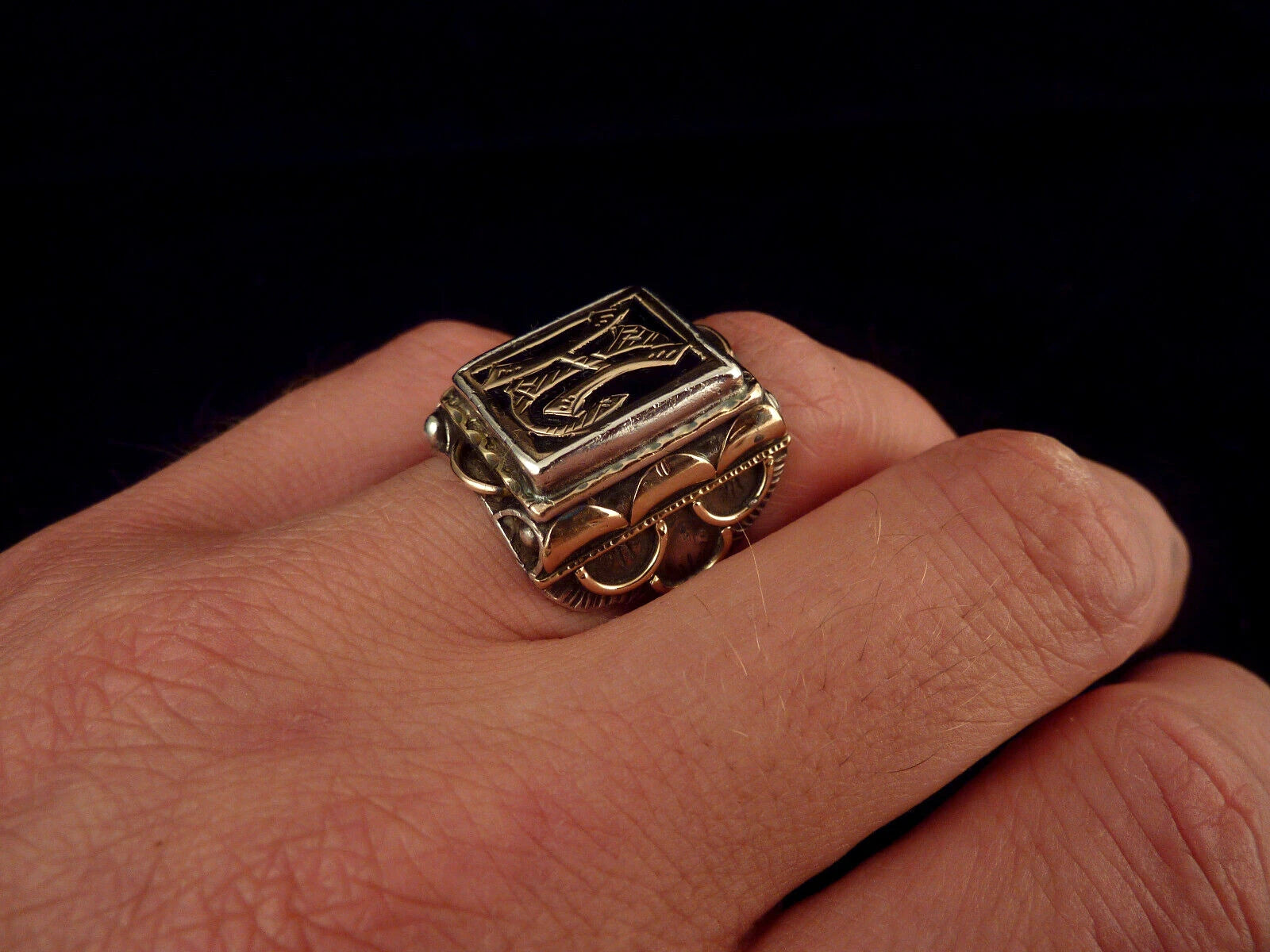 Antiker Monogrammring Siegelring Initialen HL / LH Silberring 900 Silber & 333 Gold RG 59 (18,8 mm Ø) Vintage Alt