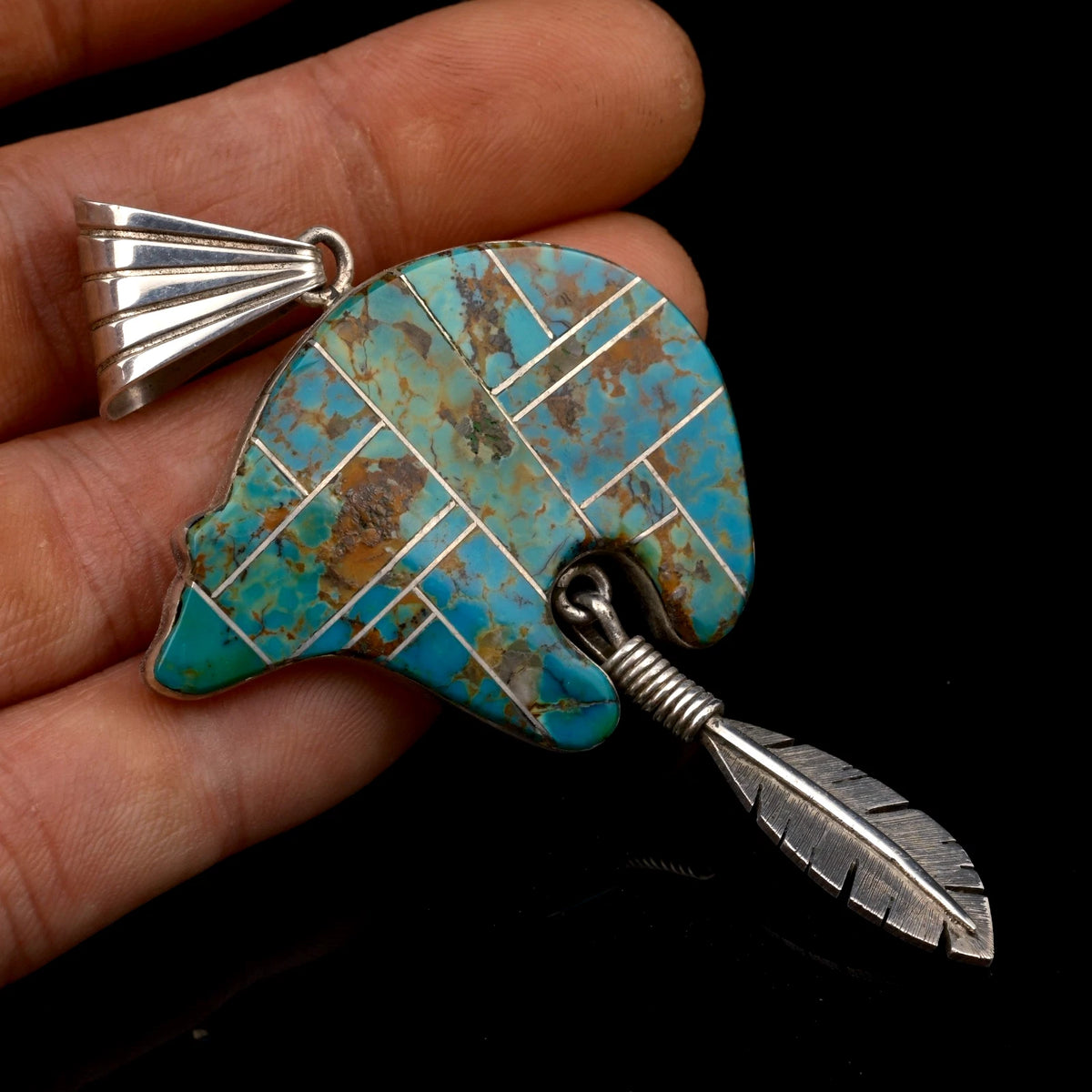 XXL Navajo Bär Anhänger - Indianerschmuck signiert MAM Türkis Bär mit Feder Anhänger 925 Sterling Silber Vintage