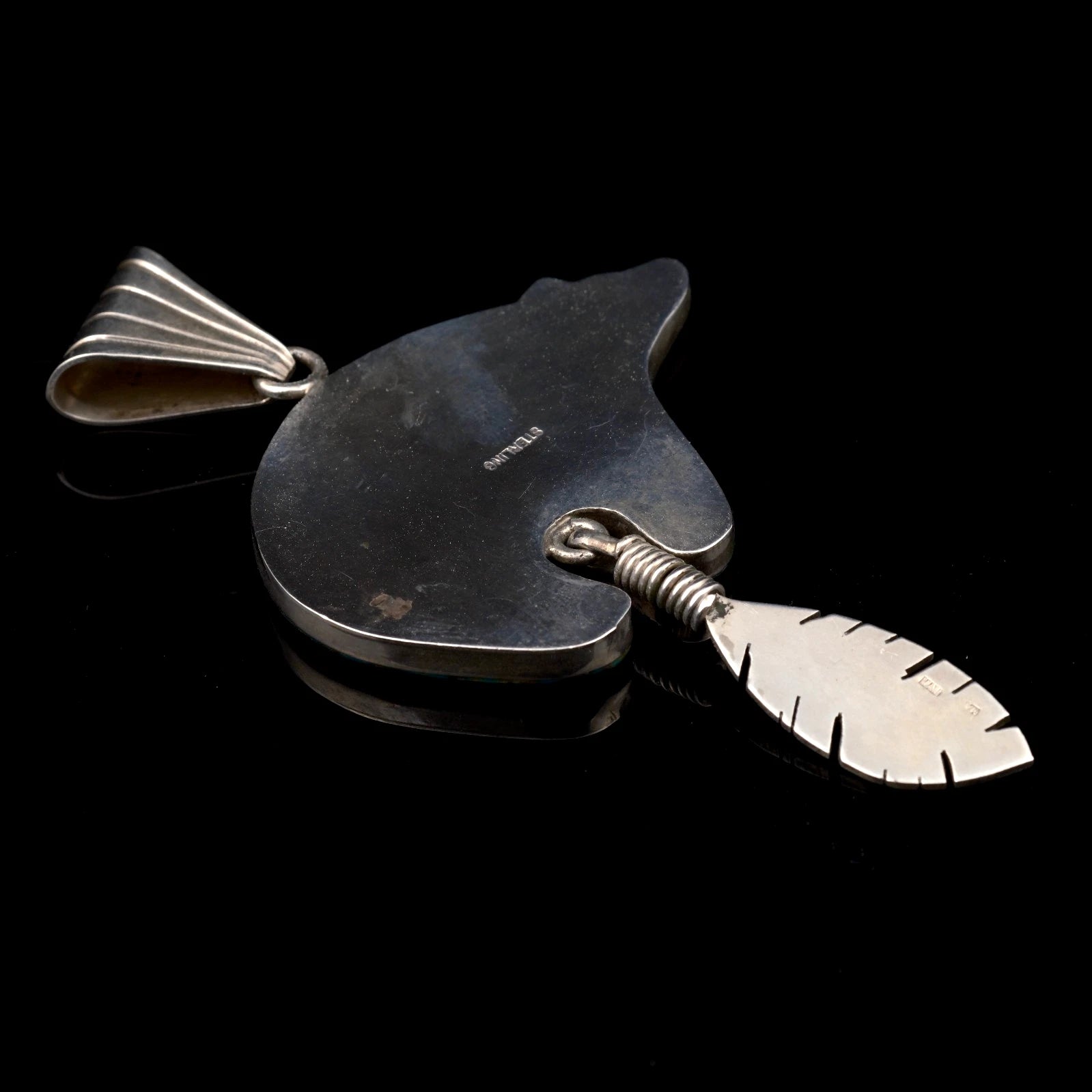 XXL Navajo Bär Anhänger - Indianerschmuck signiert MAM Türkis Bär mit Feder Anhänger 925 Sterling Silber Vintage