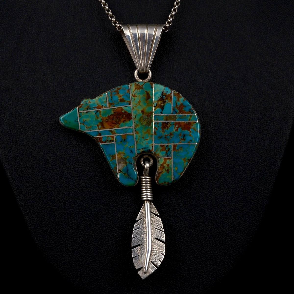 XXL Navajo Bär Anhänger - Indianerschmuck signiert MAM Türkis Bär mit Feder Anhänger 925 Sterling Silber Vintage