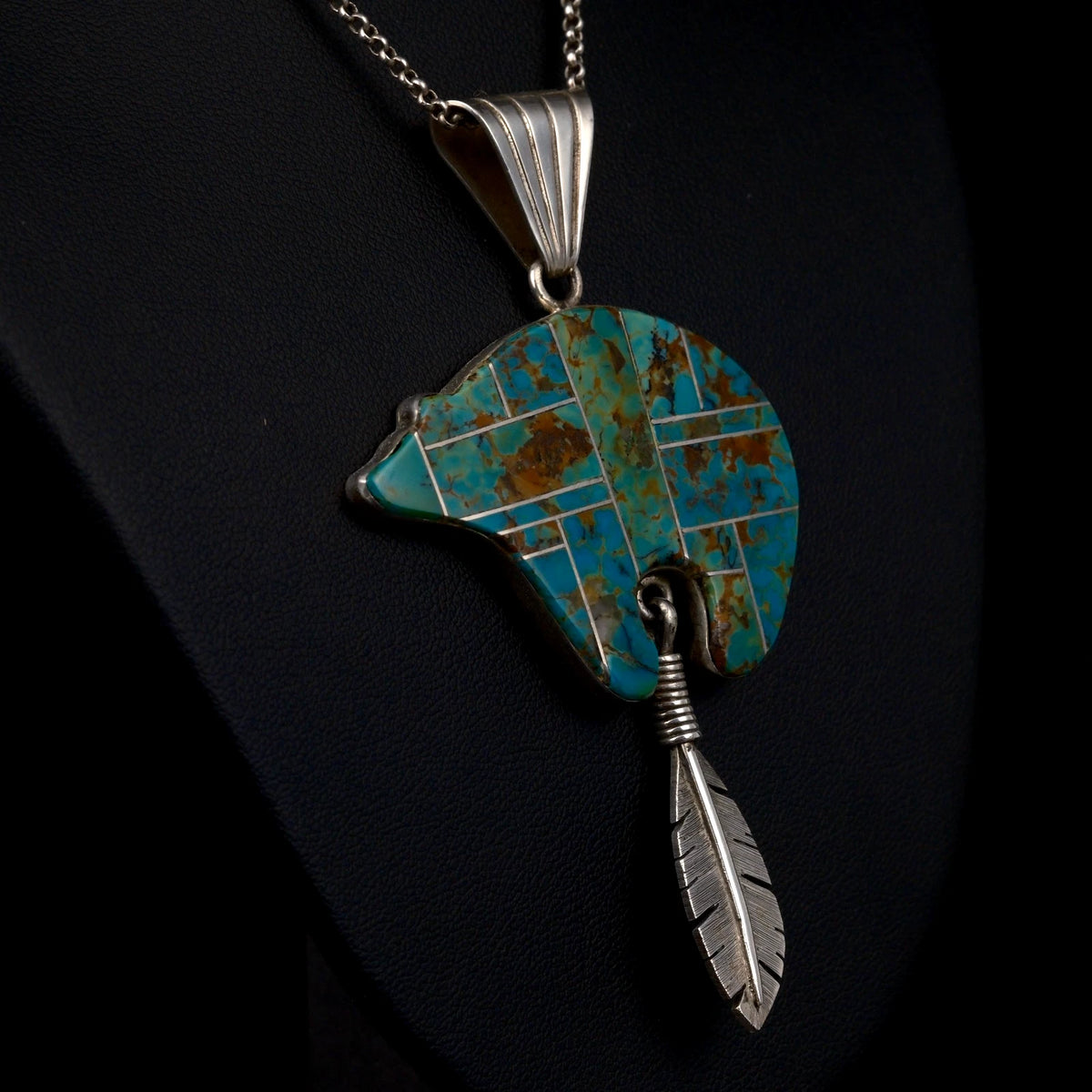 XXL Navajo Bär Anhänger - Indianerschmuck signiert MAM Türkis Bär mit Feder Anhänger 925 Sterling Silber Vintage