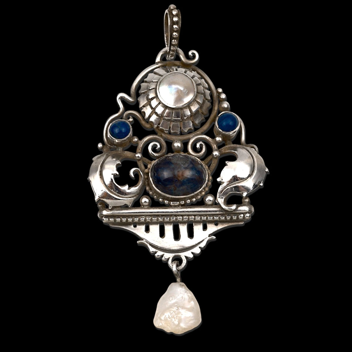 Antiker Anhänger - Feinster Jugendstil Anhänger um 1900 Lapislazuli, Perlmutt & Perle 900 Silber