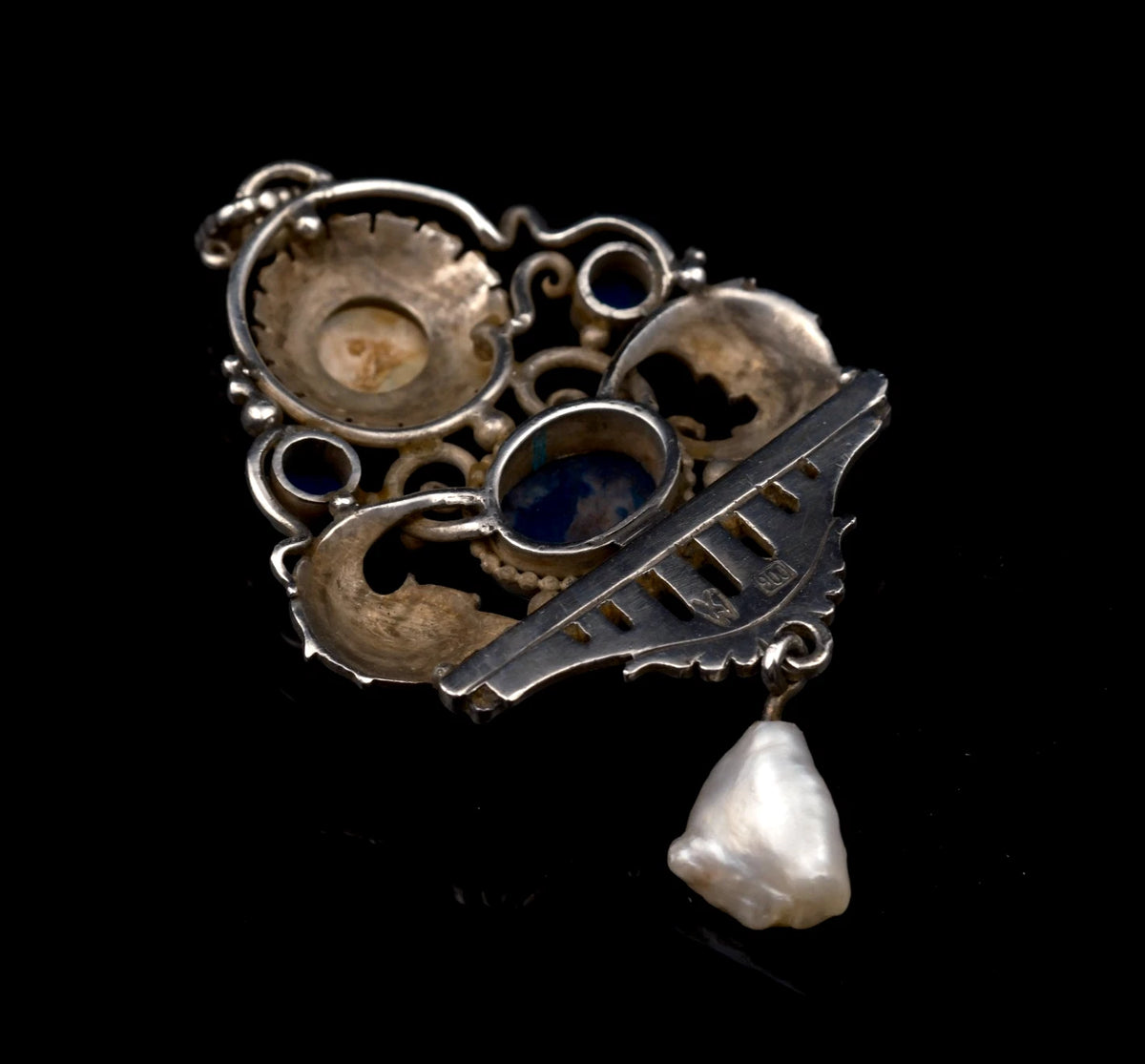 Antiker Anhänger - Feinster Jugendstil Anhänger um 1900 Lapislazuli, Perlmutt & Perle 900 Silber