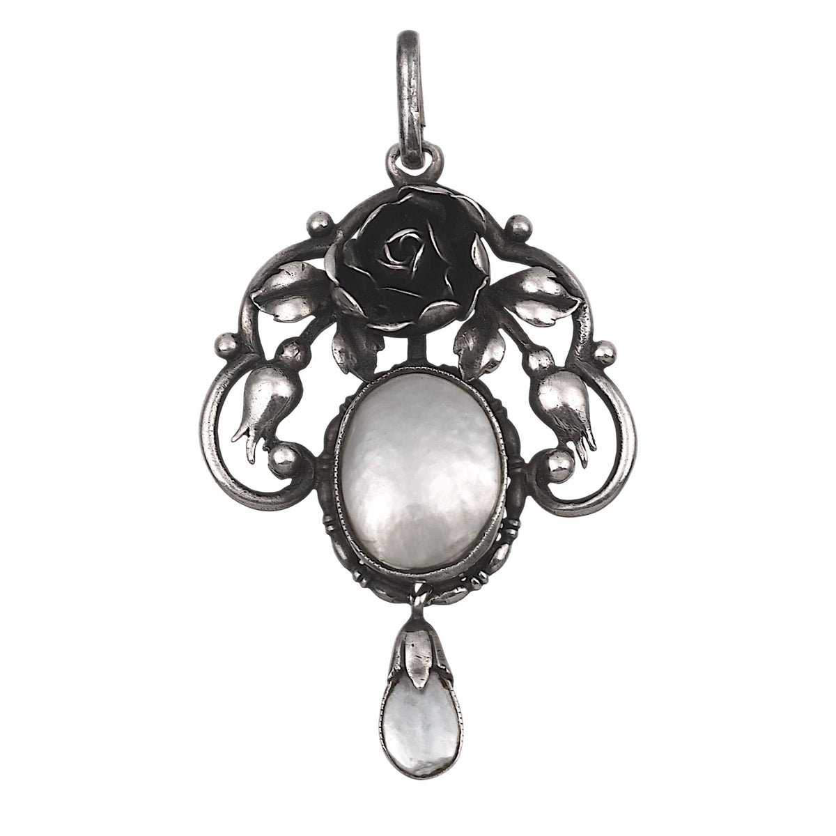 Antiker Anhänger - Jugendstil Rosen Anhänger um 1900 / 1910 mit Perlmutt aus 800 Silber 5,2cm Groß