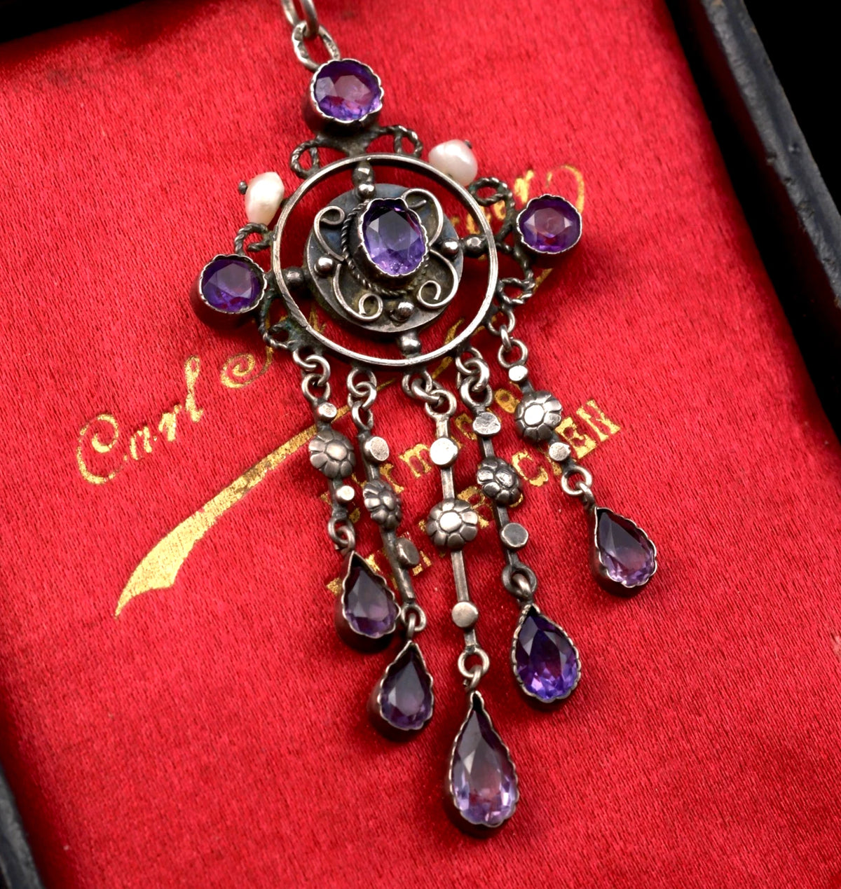 Antiker französischer Jugendstil (Art Nouveau) Lavalier / Girandole Anhänger mit Amethysten & Perlen um 1900