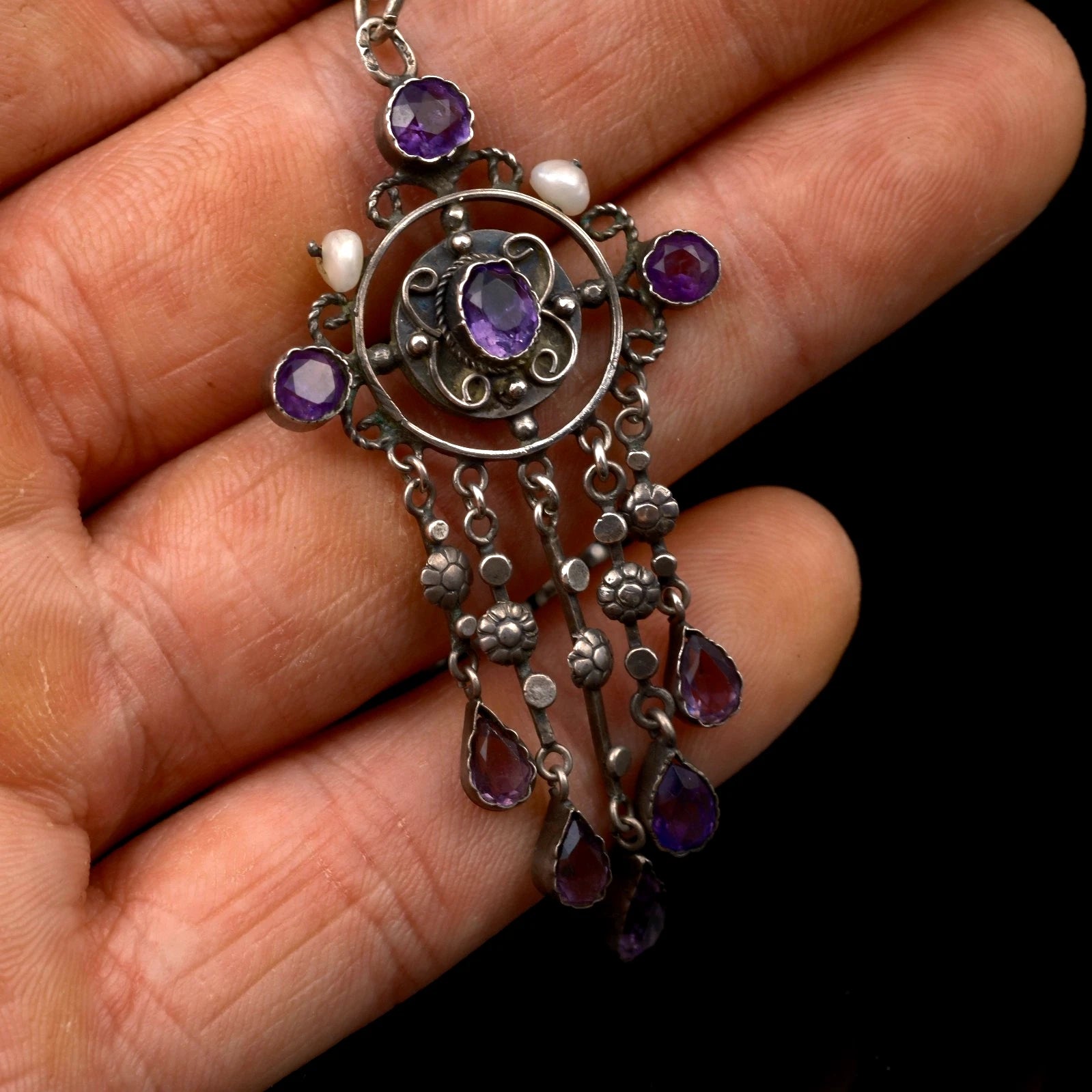 Antiker französischer Jugendstil (Art Nouveau) Lavalier / Girandole Anhänger mit Amethysten & Perlen um 1900