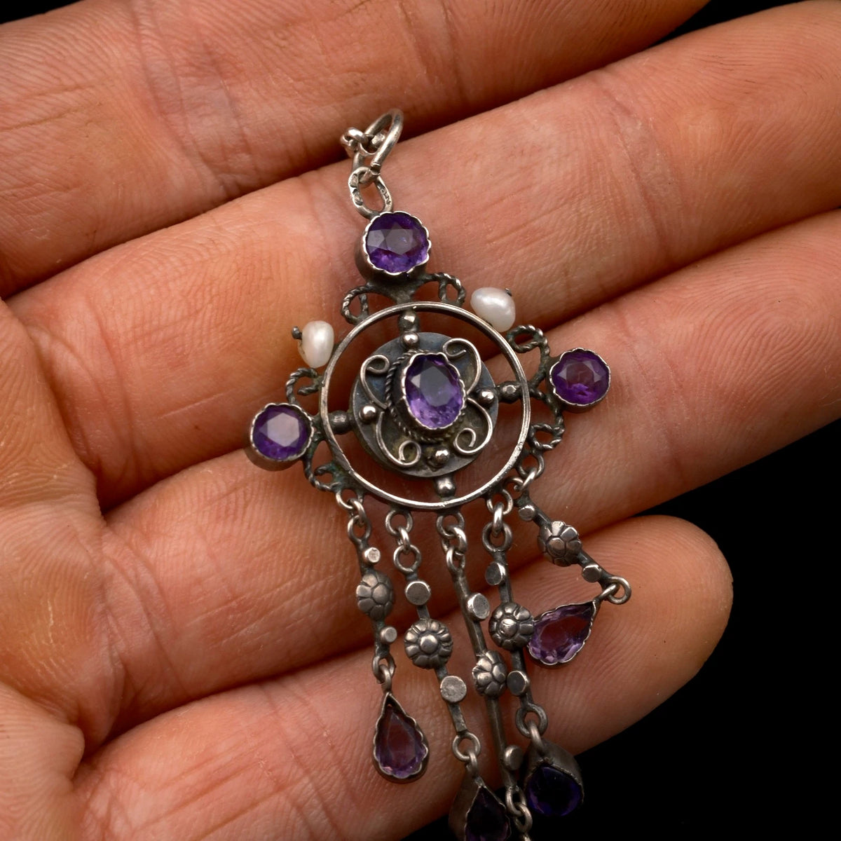 Antiker französischer Jugendstil (Art Nouveau) Lavalier / Girandole Anhänger mit Amethysten & Perlen um 1900