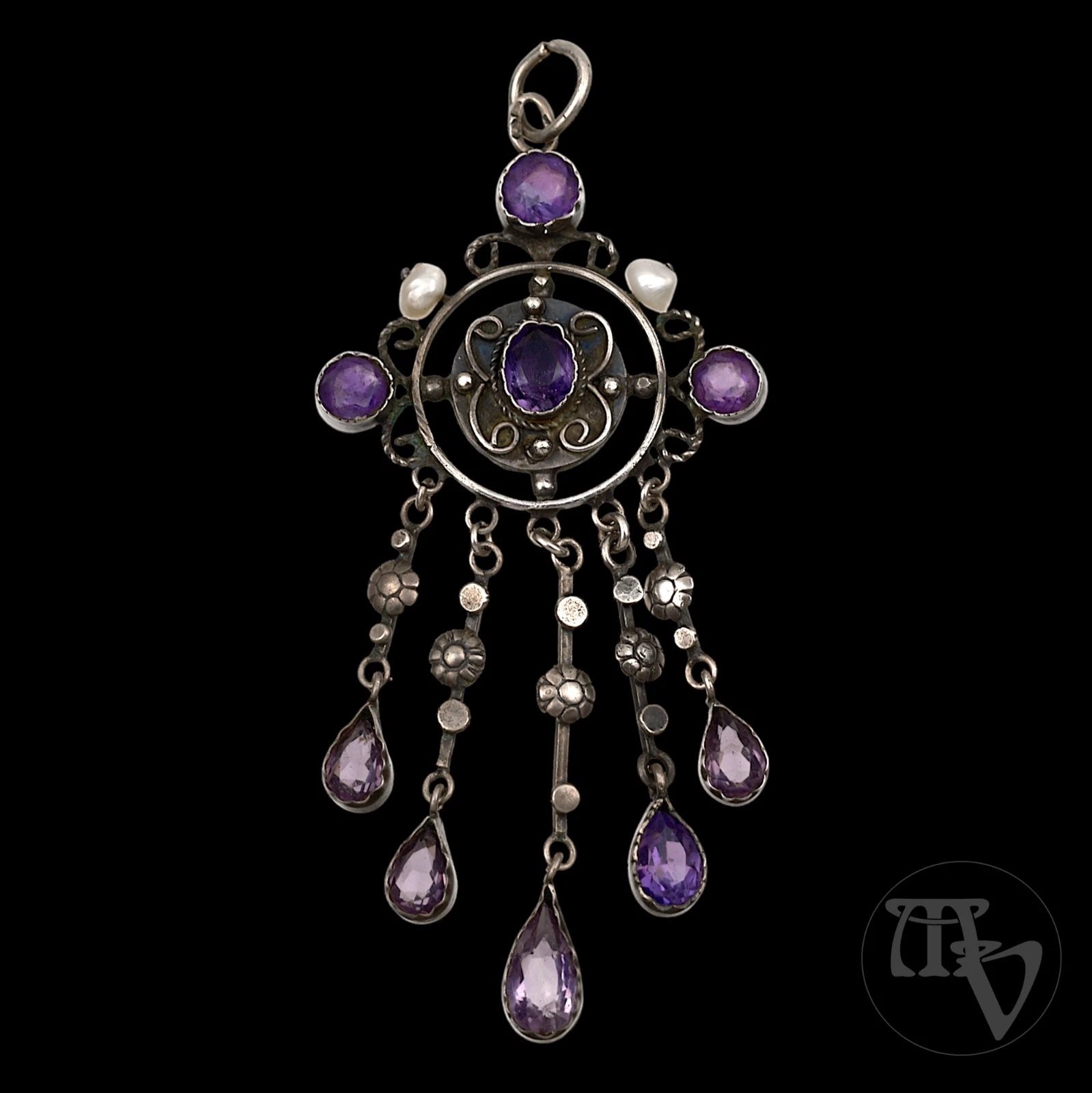 Antiker französischer Jugendstil (Art Nouveau) Lavalier / Girandole Anhänger mit Amethysten & Perlen um 1900