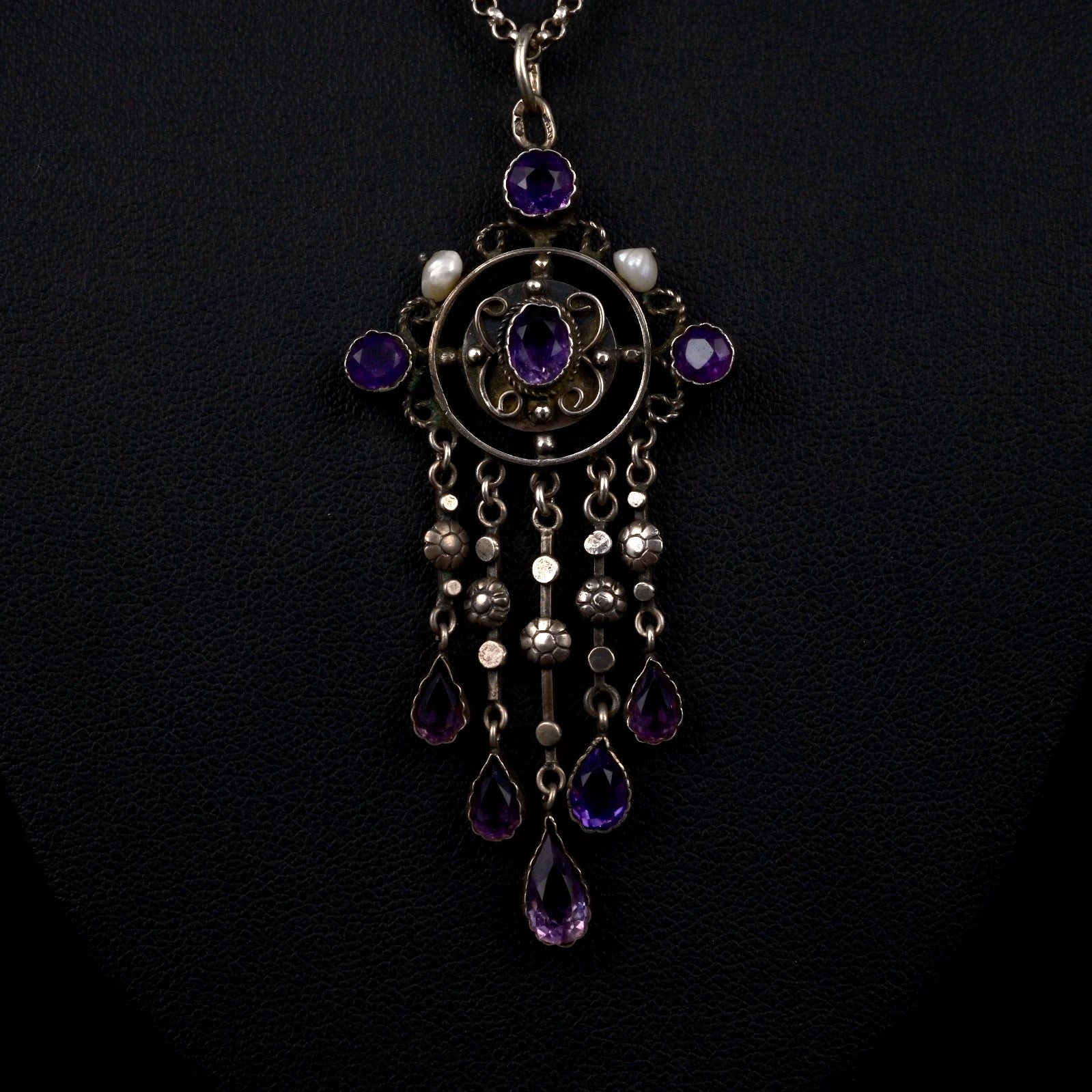 Antiker französischer Jugendstil (Art Nouveau) Lavalier / Girandole Anhänger mit Amethysten & Perlen um 1900