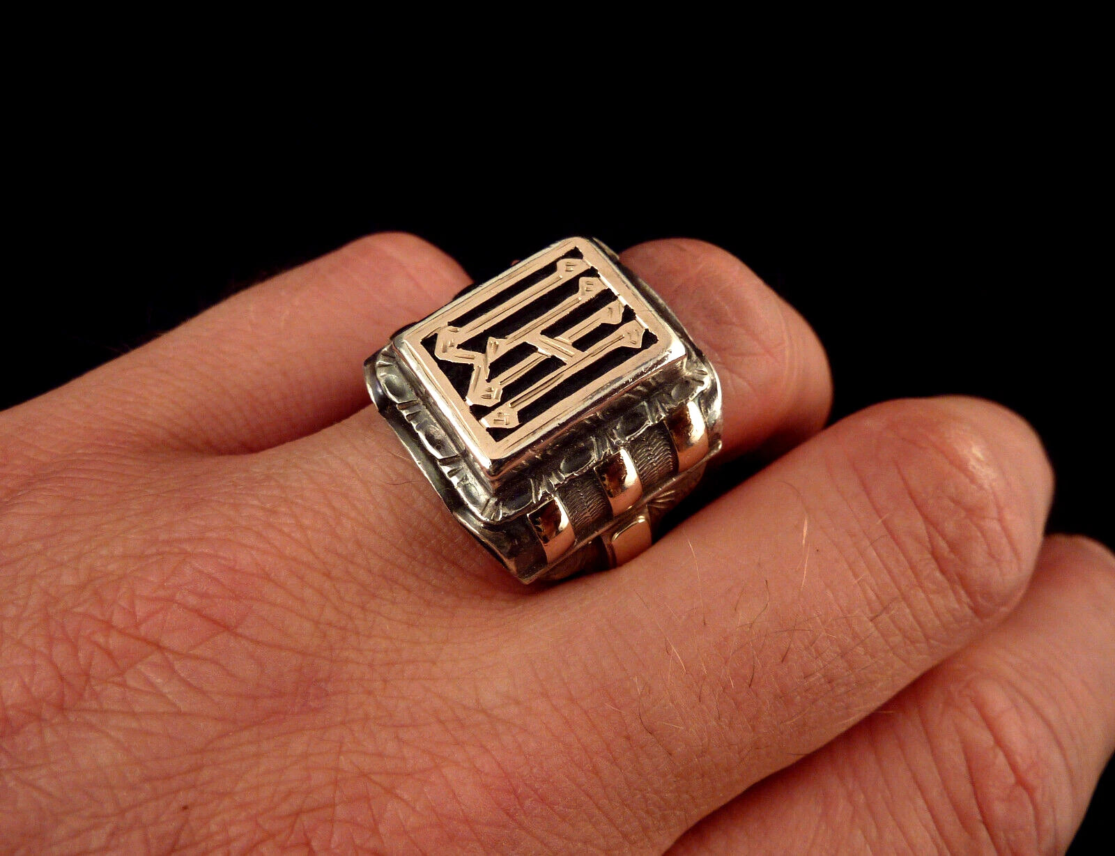 Antiker Monogrammring Siegelring Initialen WH oder HM Silberring 900 Silber & 333 Gold RG 69 (22,0 mm Ø) Vintage Alt