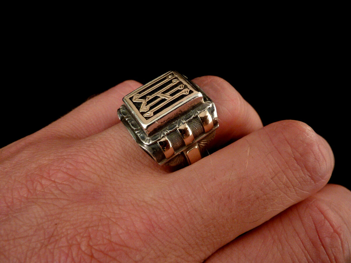 Antiker Monogrammring Siegelring Initialen WH oder HM Silberring 900 Silber & 333 Gold RG 69 (22,0 mm Ø) Vintage Alt