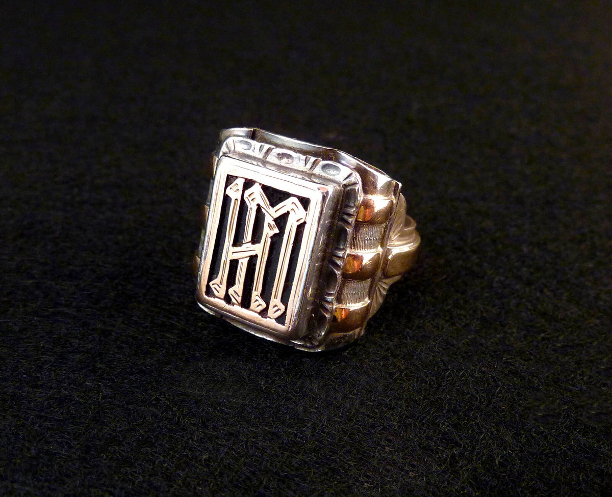 Antiker Monogrammring Siegelring Initialen WH oder HM Silberring 900 Silber & 333 Gold RG 69 (22,0 mm Ø) Vintage Alt