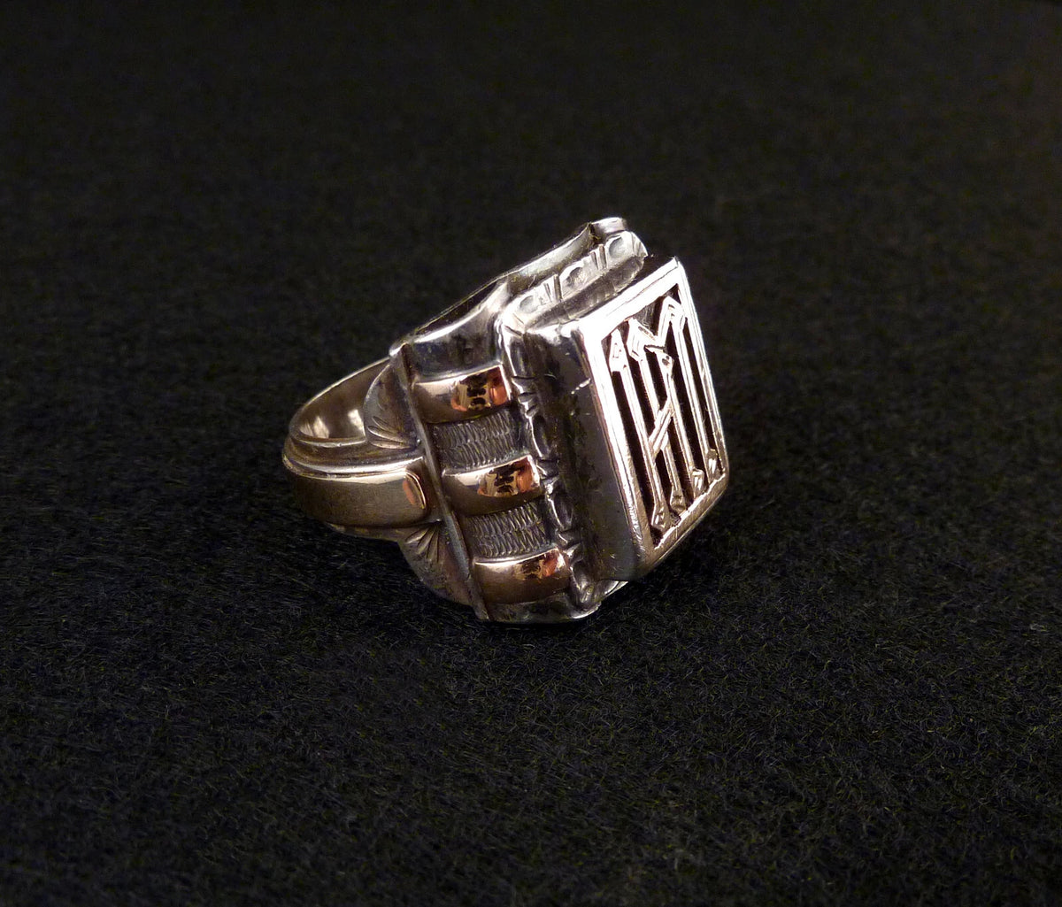 Antiker Monogrammring Siegelring Initialen WH oder HM Silberring 900 Silber & 333 Gold RG 69 (22,0 mm Ø) Vintage Alt