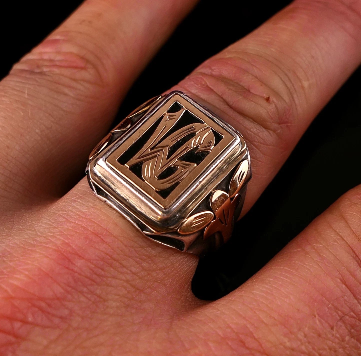 Antiker Monogrammring Siegelring Initialen WG / GW Silberring 900 Silber & 333 Gold RG 64 (20,3 mm Ø) Vintage Alt