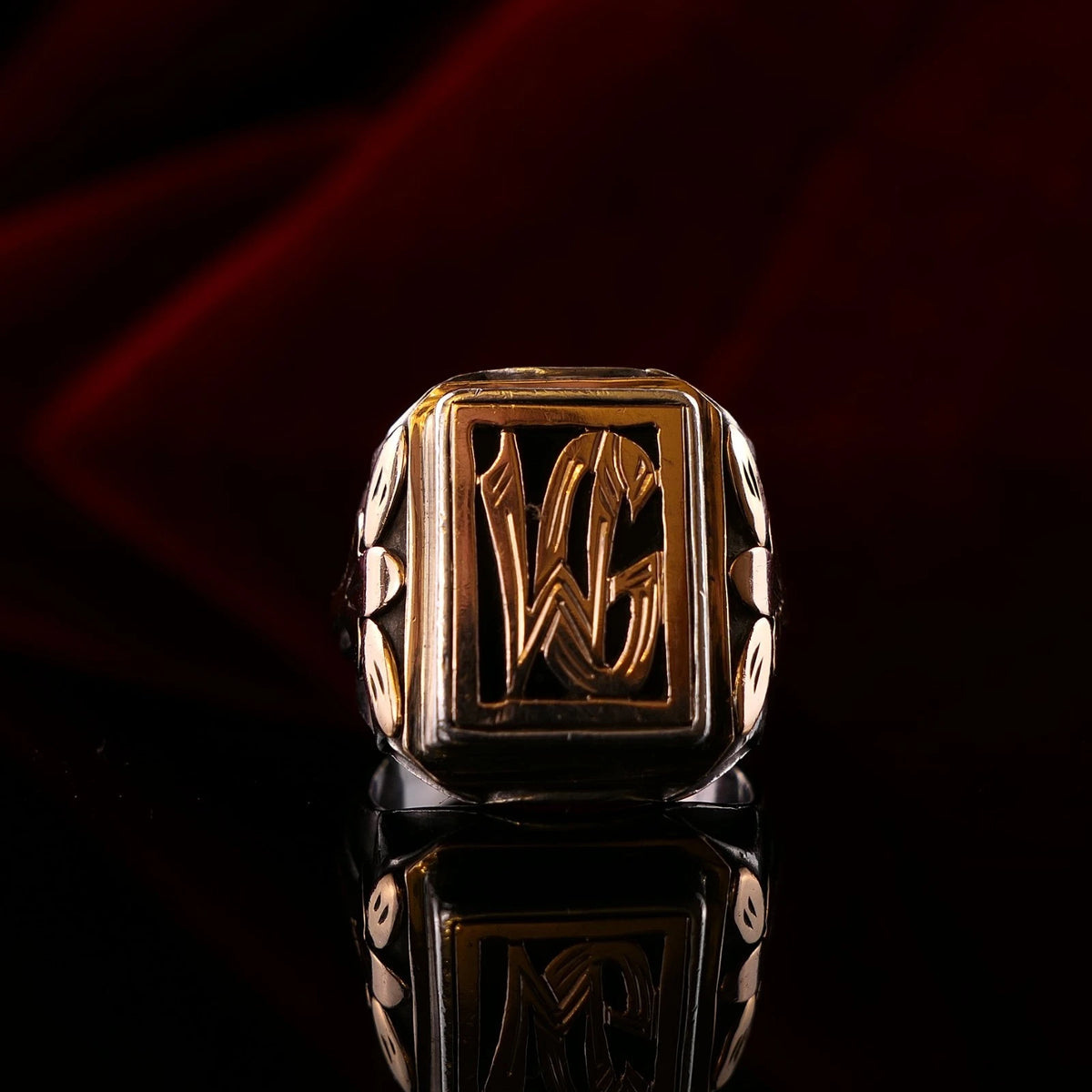 Antiker Monogrammring Siegelring Initialen WG / GW Silberring 900 Silber & 333 Gold RG 64 (20,3 mm Ø) Vintage Alt