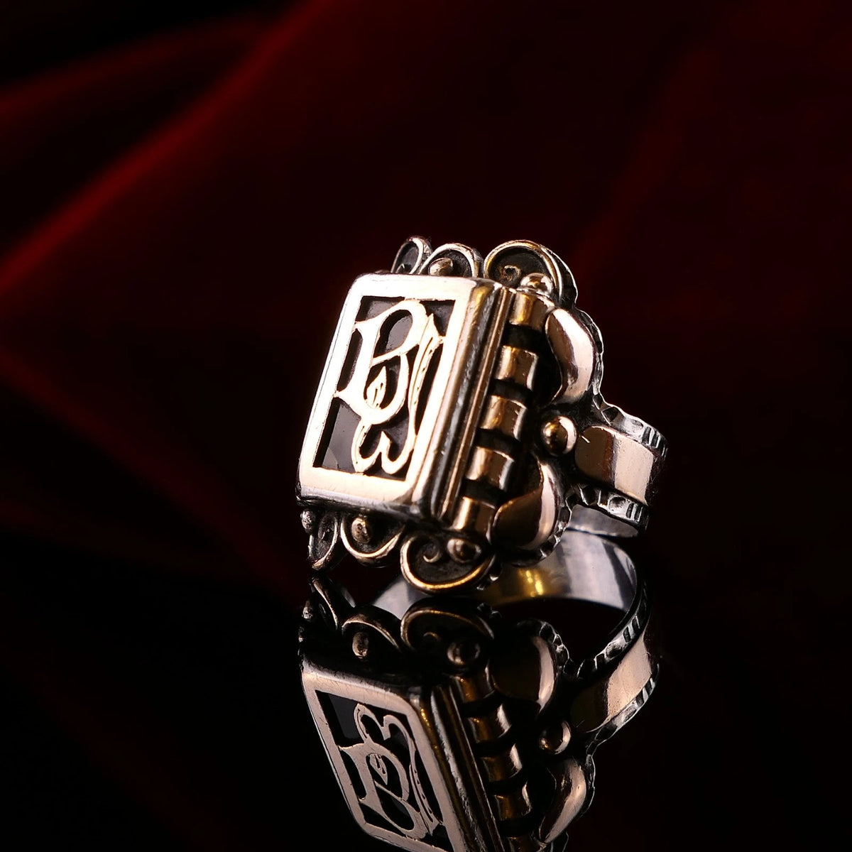 Antiker Monogrammring Siegelring Initialen WB / BW Silberring 830 Silber & 333 Gold RG 61 (19,4 mm Ø) Vintage Alt