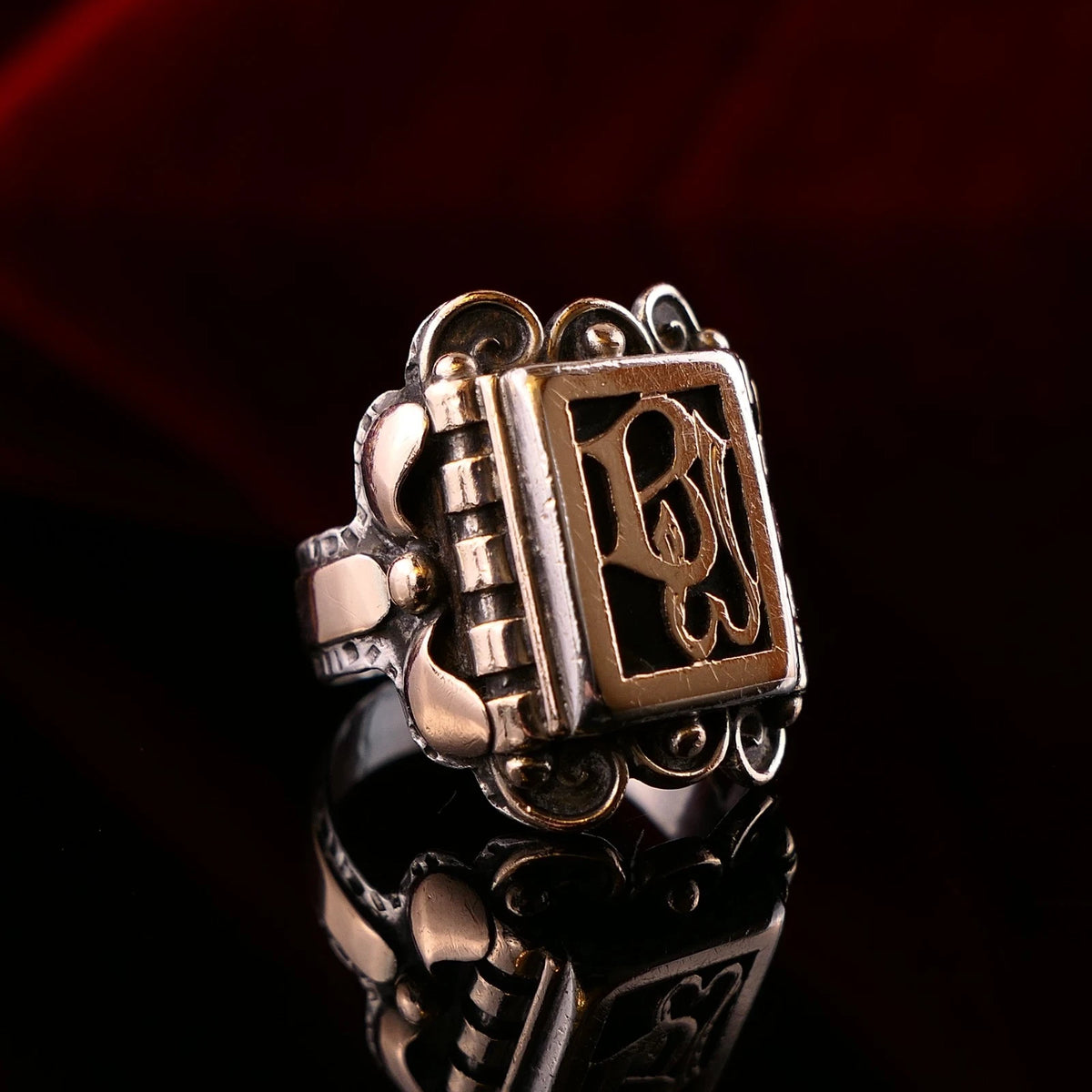 Antiker Monogrammring Siegelring Initialen WB / BW Silberring 830 Silber & 333 Gold RG 61 (19,4 mm Ø) Vintage Alt