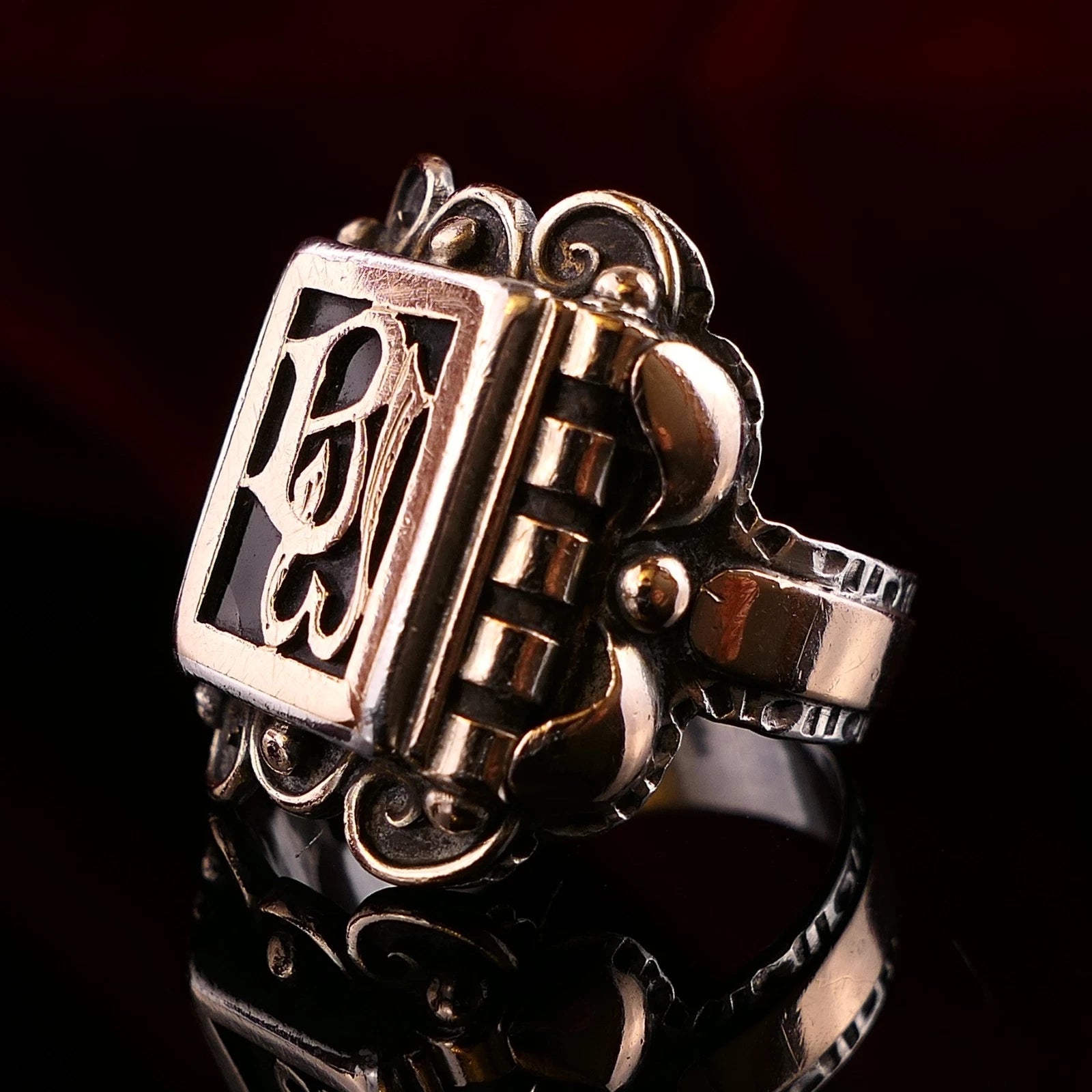 Antiker Monogrammring Siegelring Initialen WB / BW Silberring 830 Silber & 333 Gold RG 61 (19,4 mm Ø) Vintage Alt