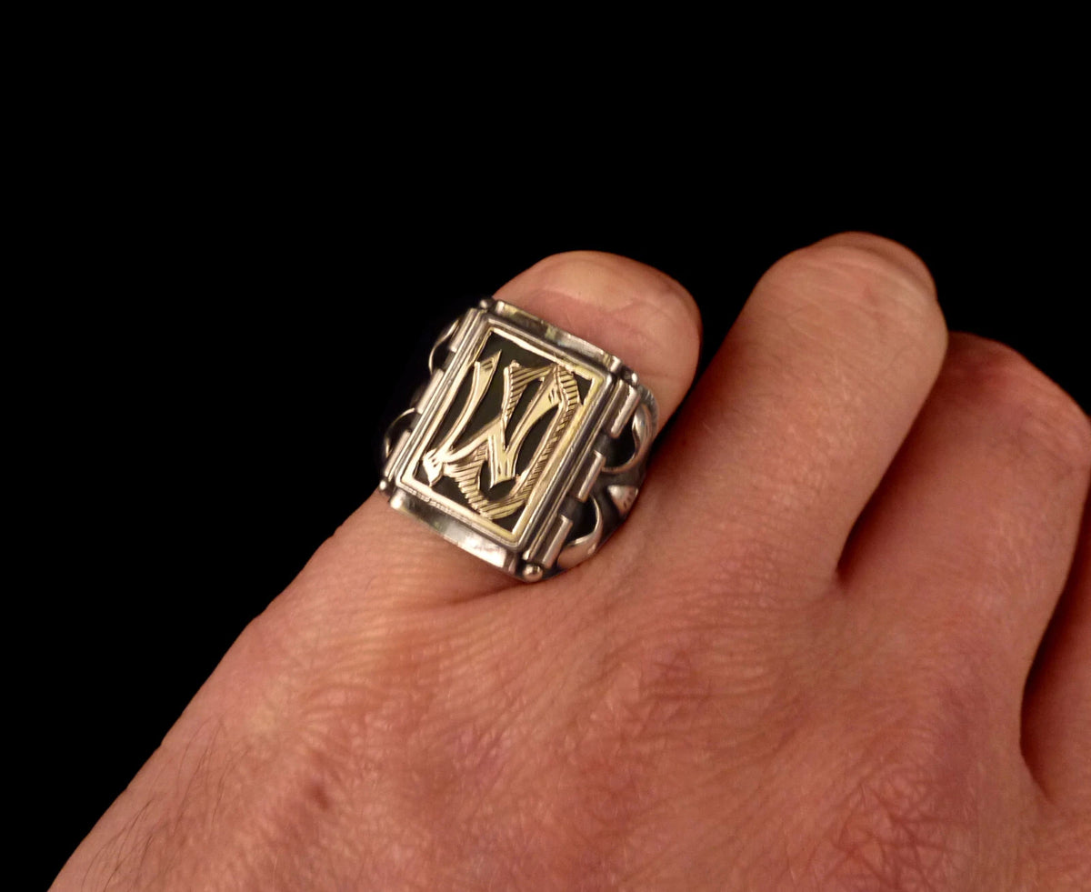 Antiker Monogrammring Siegelring Initialen WD / DW Silberring 835 Silber & 333 Gold RG 58 (18,4 mm Ø) Vintage Alt