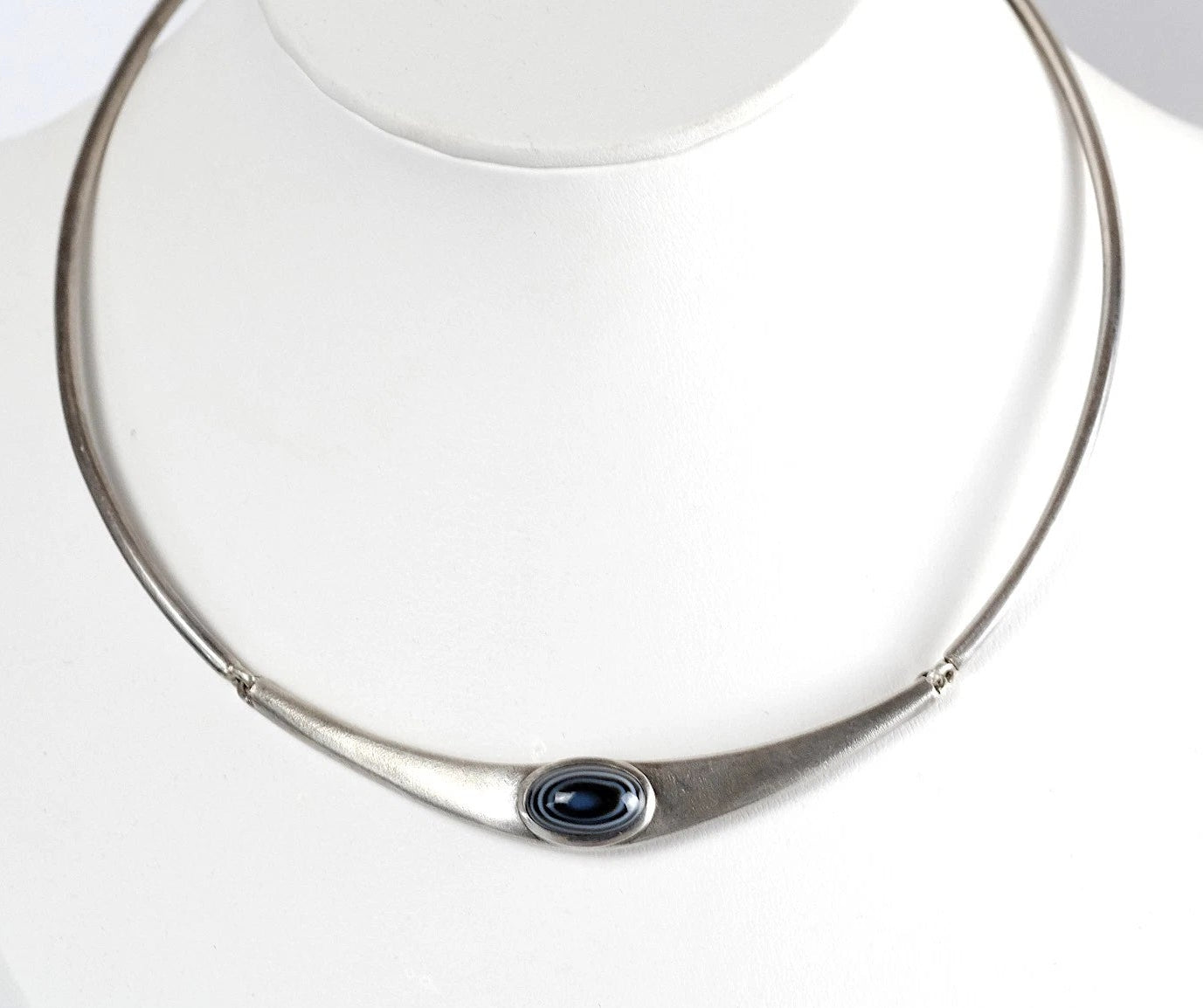Ehinger Schwarz - Halsreif mit Streifenachat aus 925er Sterling Silber - Collier Halskette 38cm Vintage