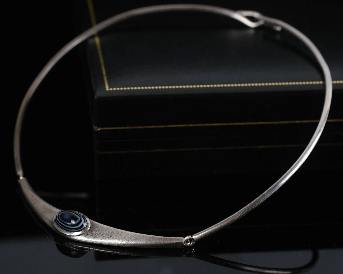 Ehinger Schwarz - Halsreif mit Streifenachat aus 925er Sterling Silber - Collier Halskette 38cm Vintage