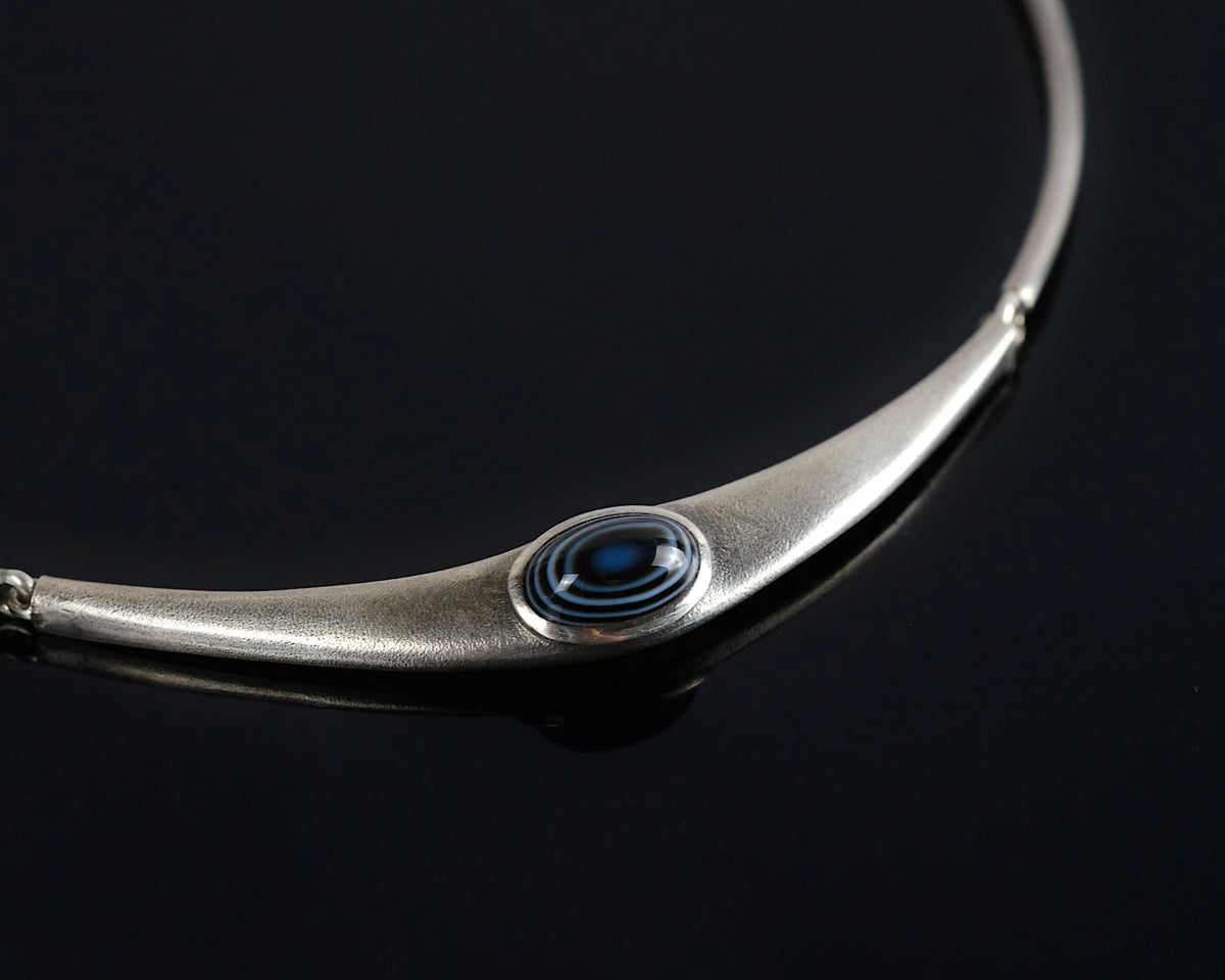 Ehinger Schwarz - Halsreif mit Streifenachat aus 925er Sterling Silber - Collier Halskette 38cm Vintage