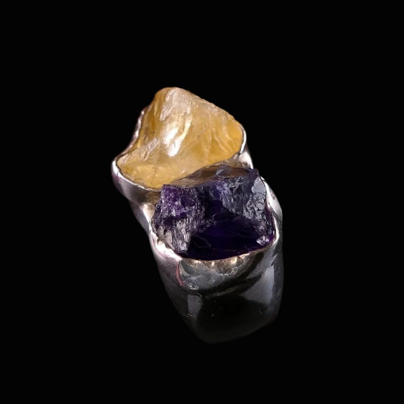 Handgefertigter Unikat Silberschmiede-Atelier Ring 925 Silber 23,2g – Rohstein Amethyst & Citrin RG 57 (18,1 mm Ø)