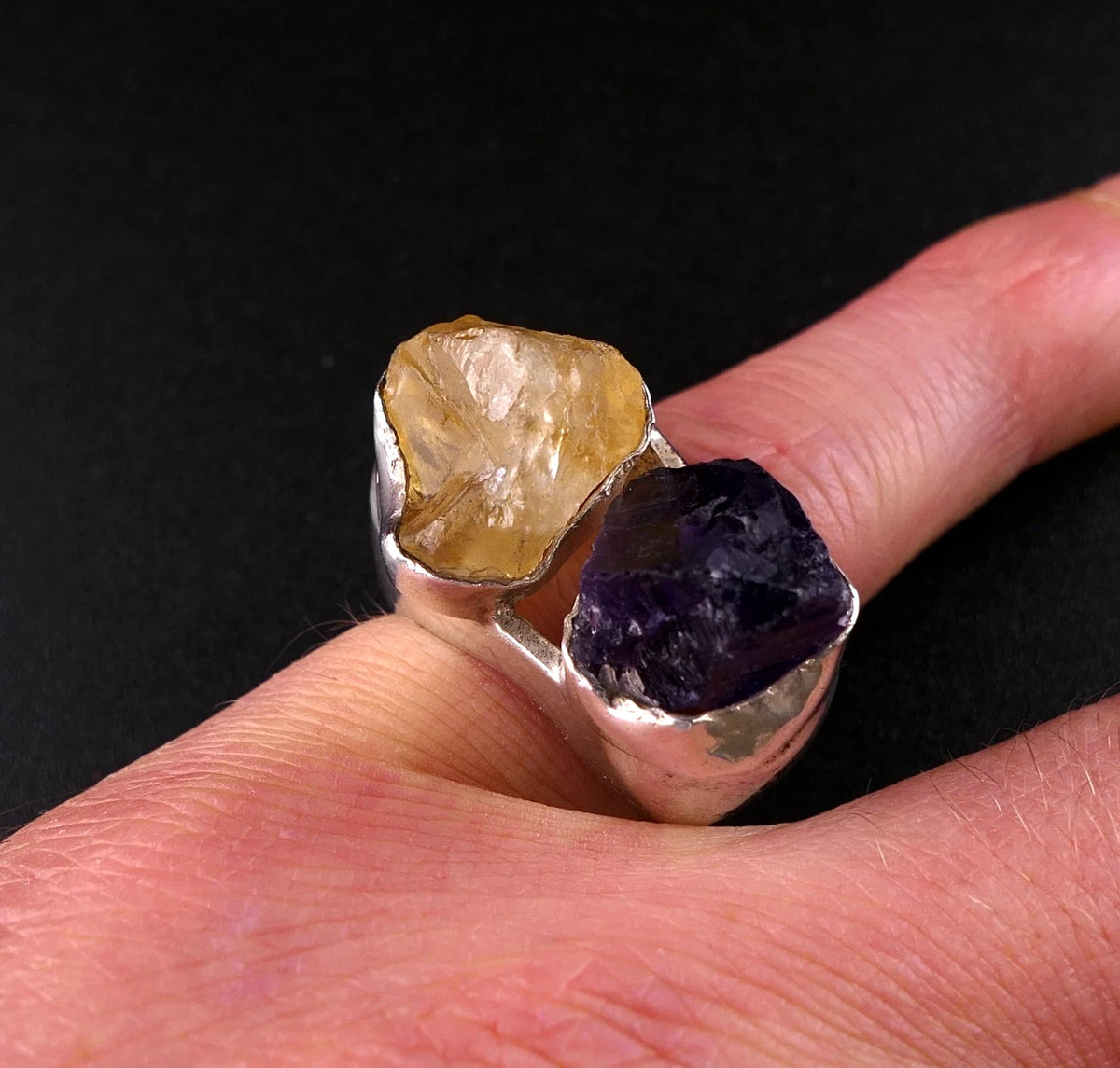 Handgefertigter Unikat Silberschmiede-Atelier Ring 925 Silber 23,2g – Rohstein Amethyst & Citrin RG 57 (18,1 mm Ø)