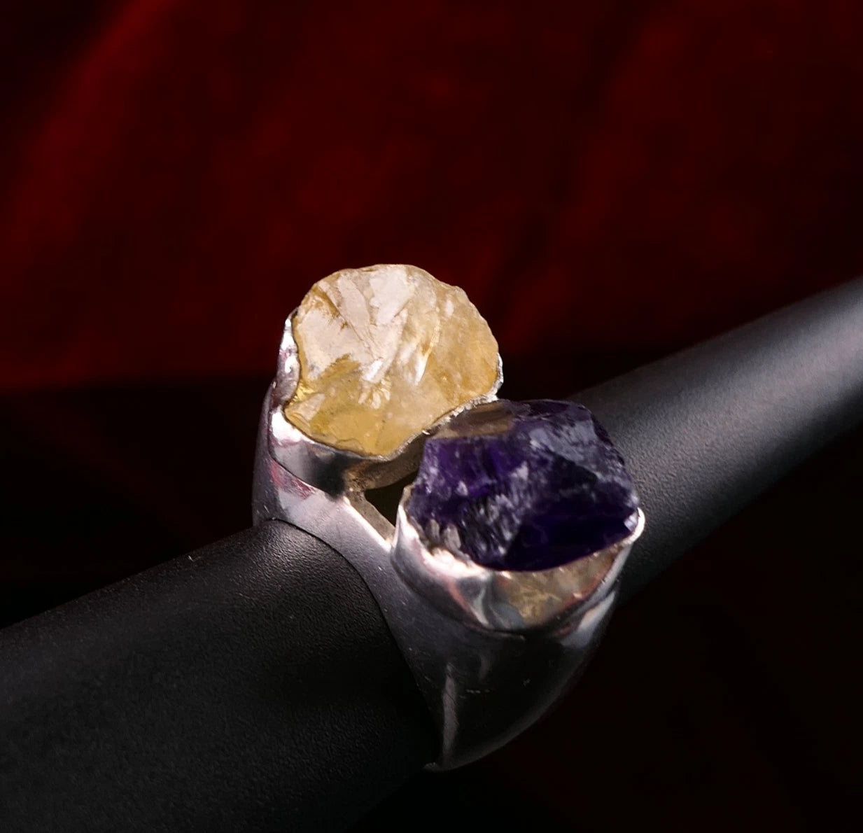 Handgefertigter Unikat Silberschmiede-Atelier Ring 925 Silber 23,2g – Rohstein Amethyst & Citrin RG 57 (18,1 mm Ø)