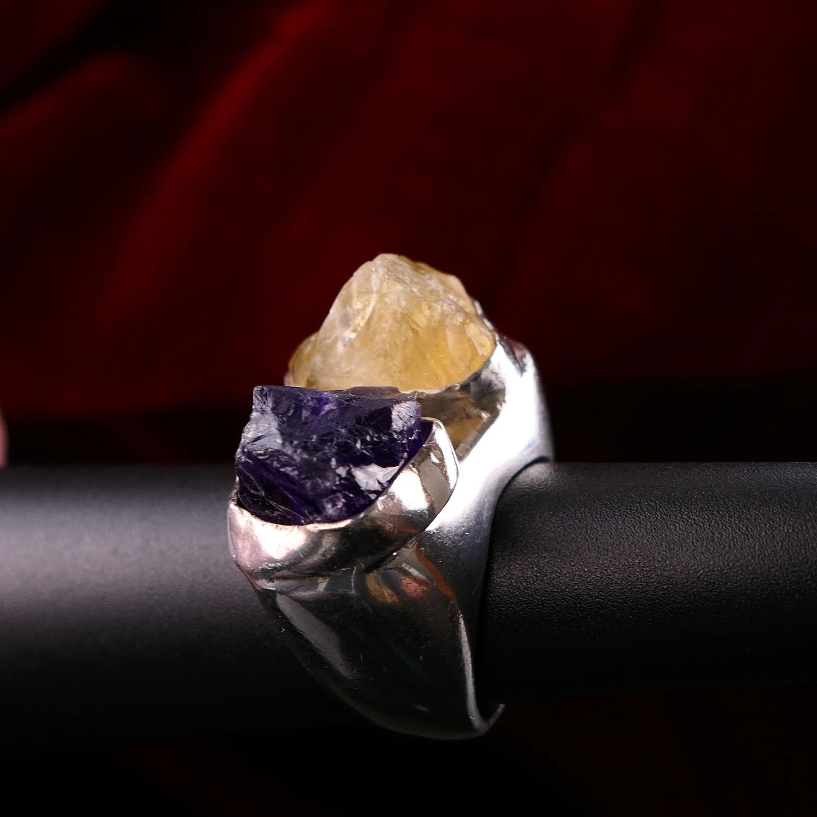 Handgefertigter Unikat Silberschmiede-Atelier Ring 925 Silber 23,2g – Rohstein Amethyst & Citrin RG 57 (18,1 mm Ø)