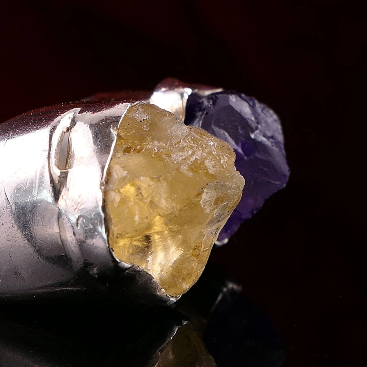 Handgefertigter Unikat Silberschmiede-Atelier Ring 925 Silber 23,2g – Rohstein Amethyst & Citrin RG 57 (18,1 mm Ø)