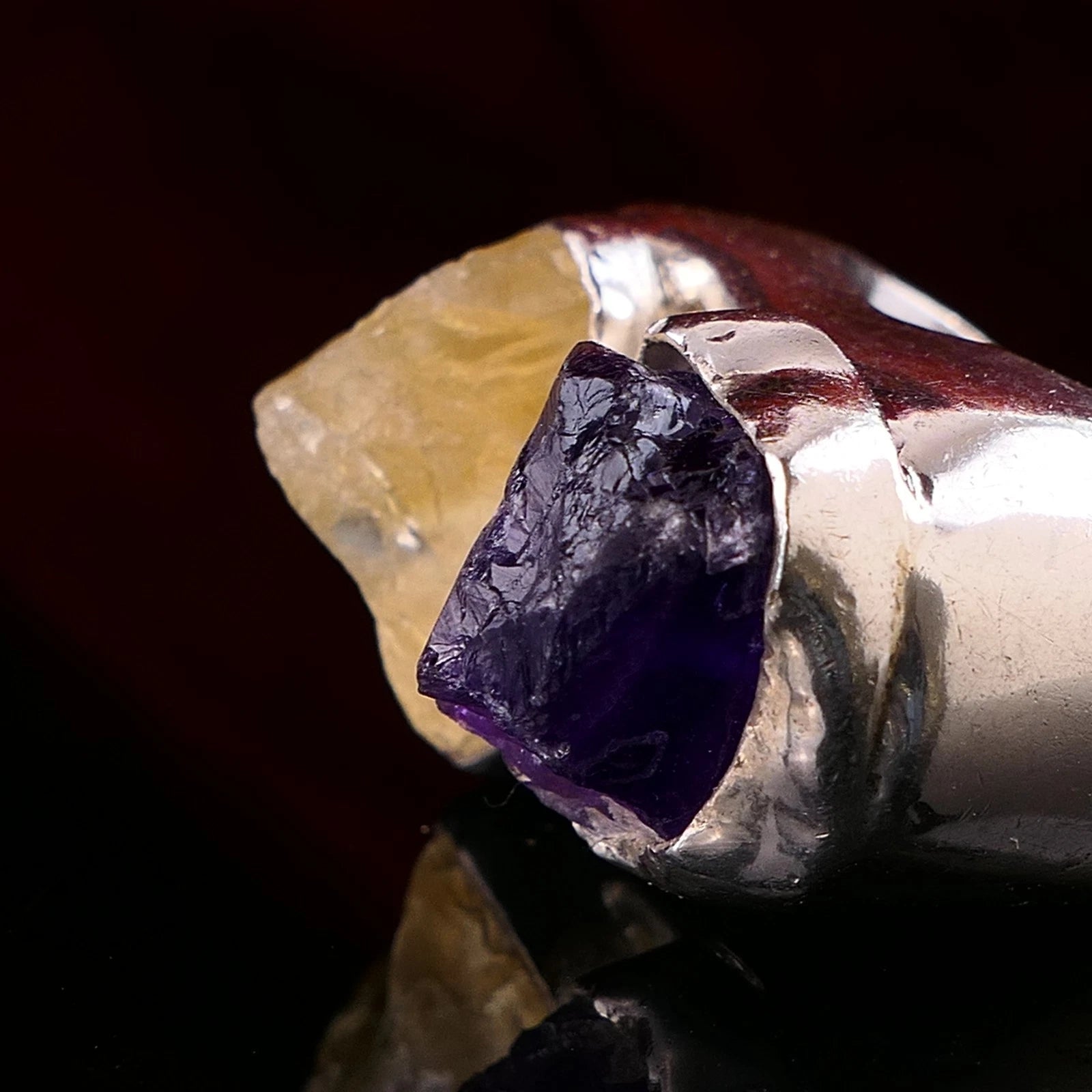 Handgefertigter Unikat Silberschmiede-Atelier Ring 925 Silber 23,2g – Rohstein Amethyst & Citrin RG 57 (18,1 mm Ø)