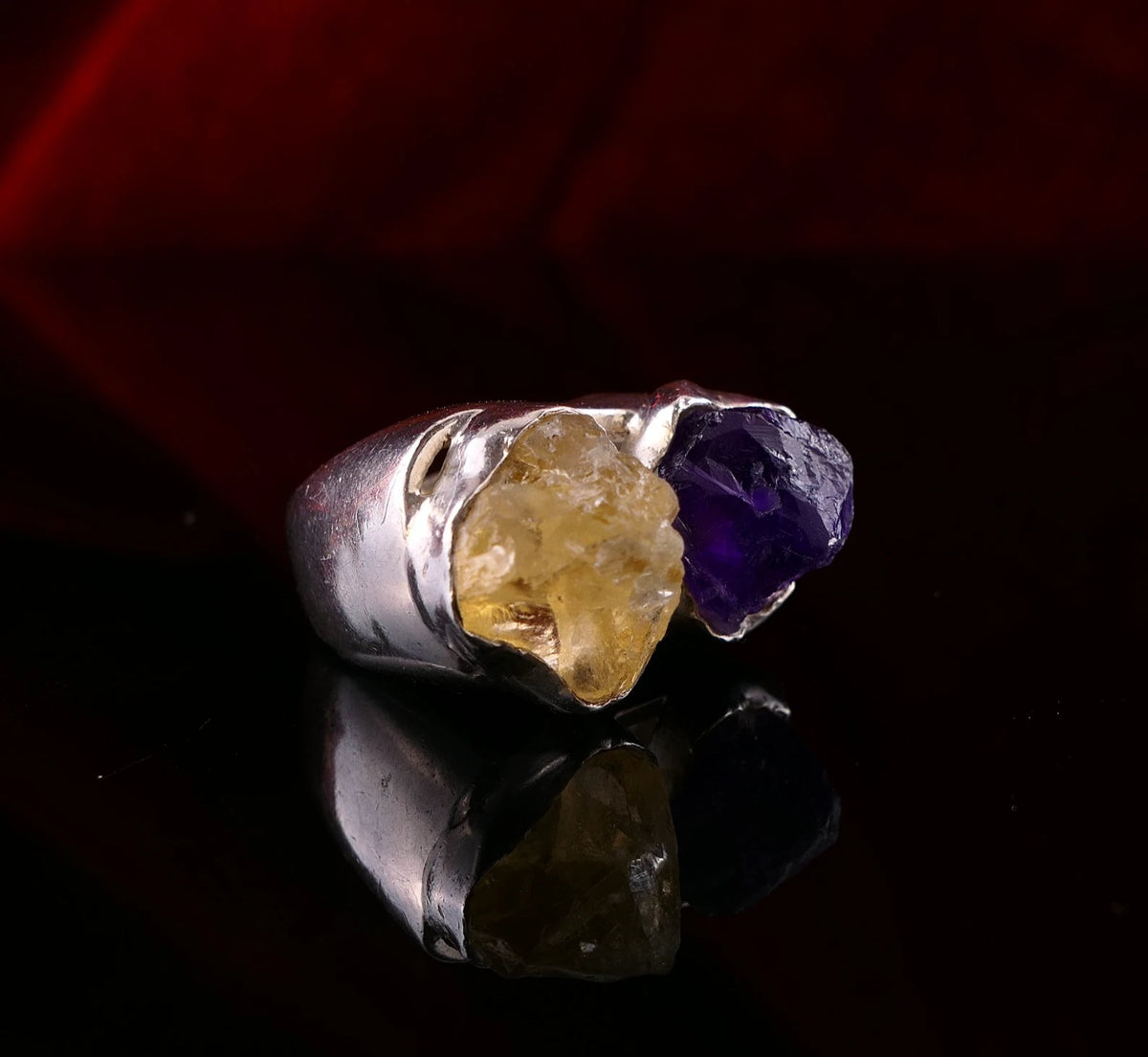 Handgefertigter Unikat Silberschmiede-Atelier Ring 925 Silber 23,2g – Rohstein Amethyst & Citrin RG 57 (18,1 mm Ø)