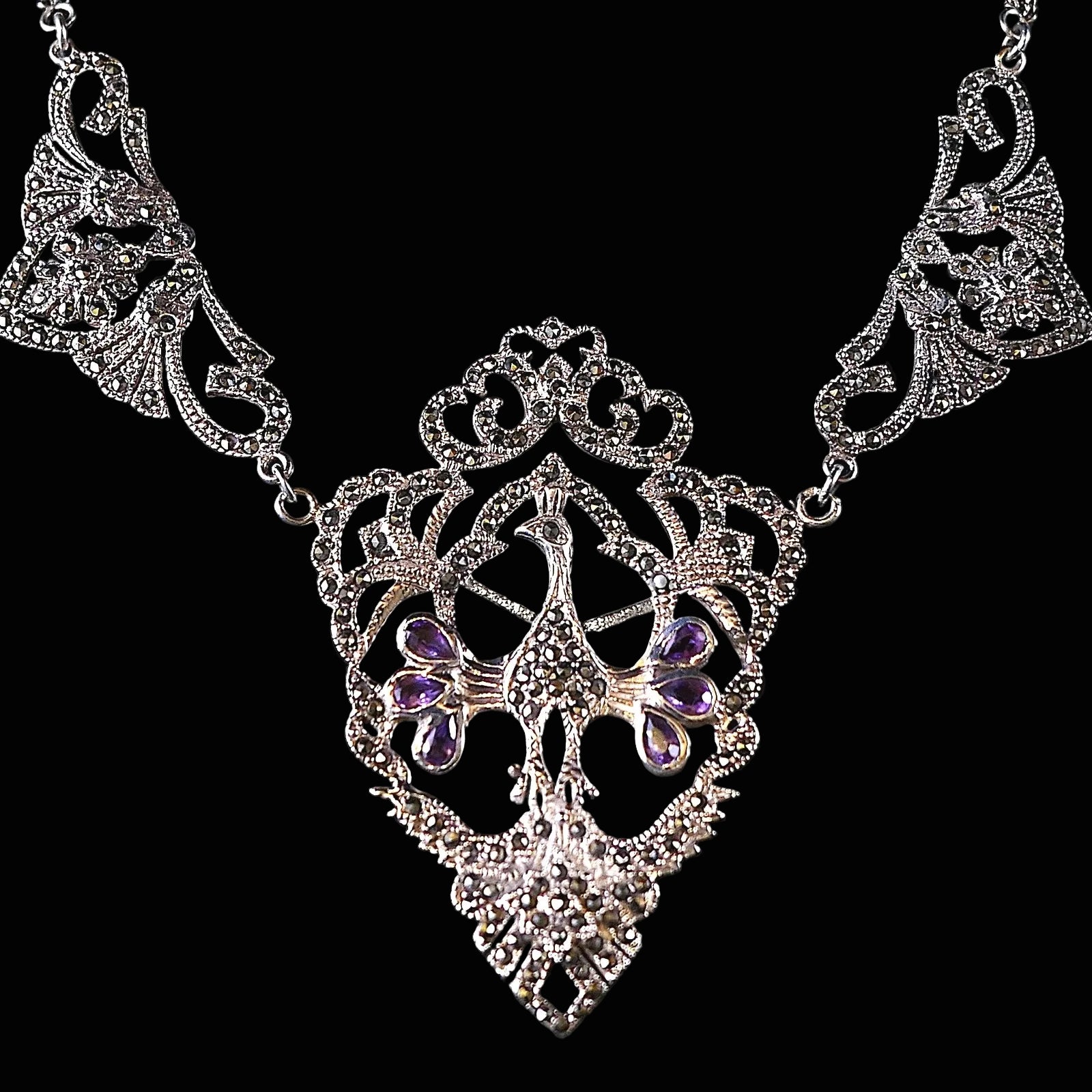 Vintage Peacock Pfauen Collier aus 925 Sterling Silber Amethyst & Markasiten Statement Collier Antiker Stil / Art Nouveau Style