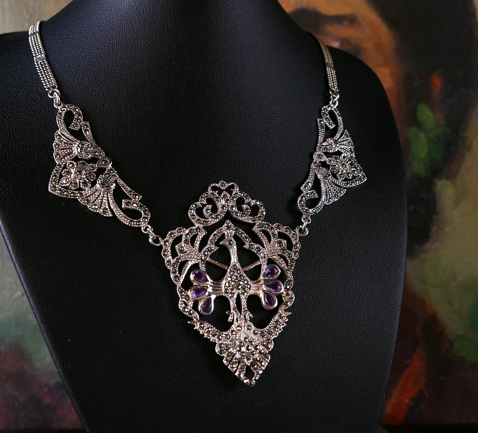 Vintage Peacock Pfauen Collier aus 925 Sterling Silber Amethyst & Markasiten Statement Collier Antiker Stil / Art Nouveau Style