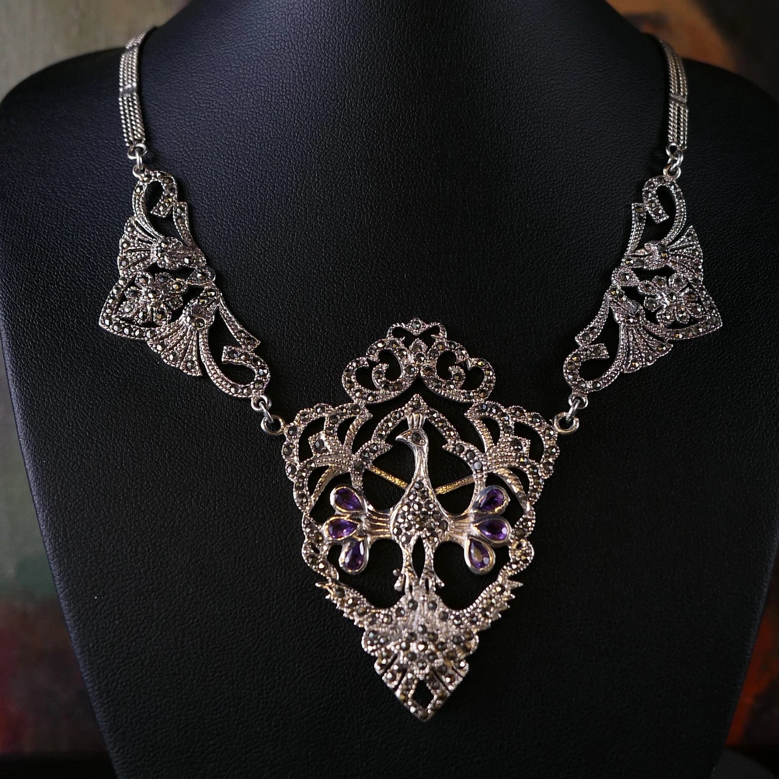 Vintage Peacock Pfauen Collier aus 925 Sterling Silber Amethyst & Markasiten Statement Collier Antiker Stil / Art Nouveau Style