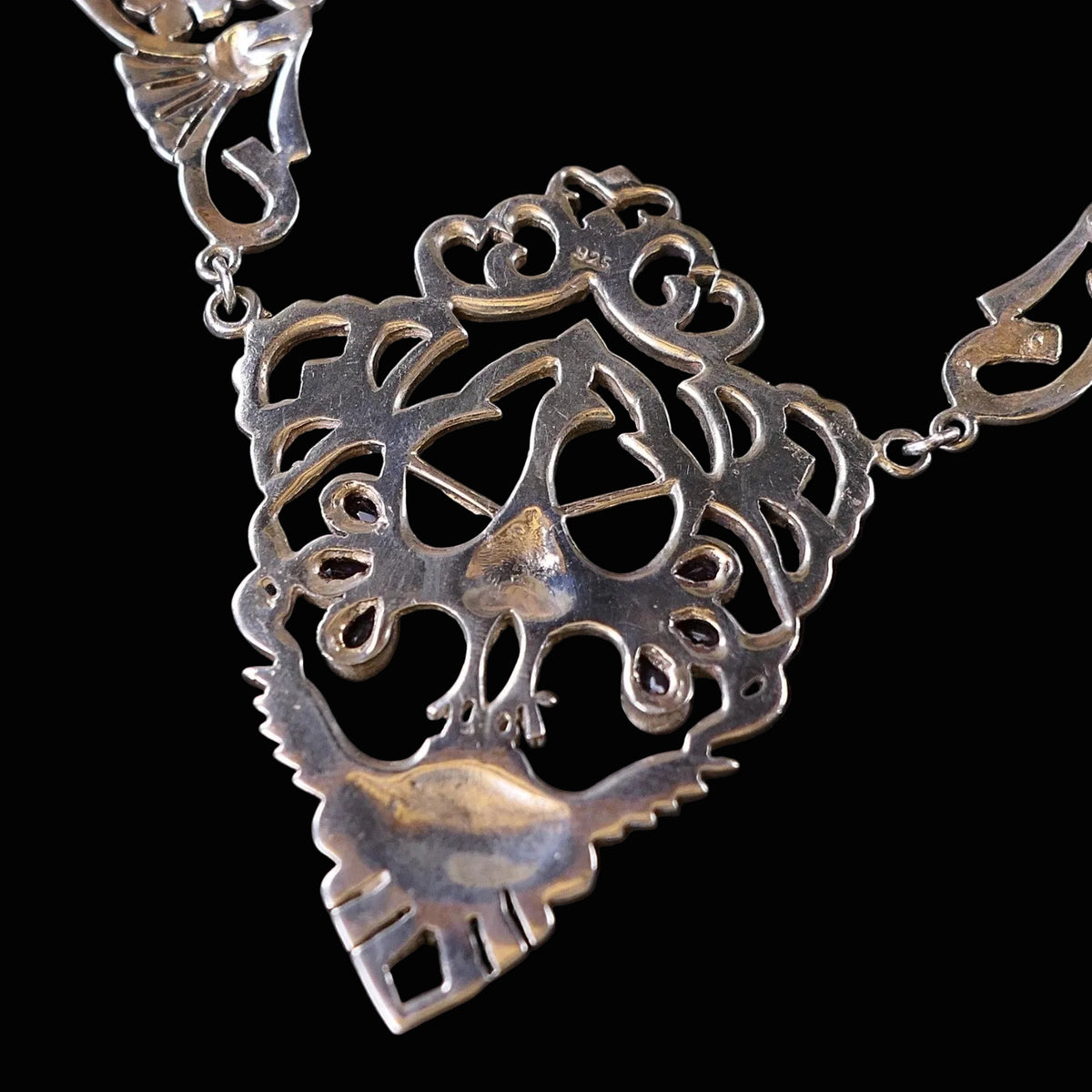 Vintage Peacock Pfauen Collier aus 925 Sterling Silber Amethyst & Markasiten Statement Collier Antiker Stil / Art Nouveau Style