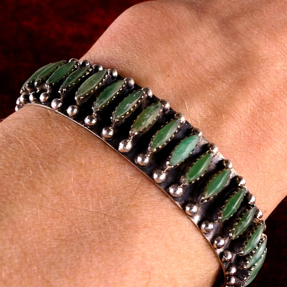 Navajo 925 Sterling Silber Needlepoint Jade / Nephrit Armreif Armspange 17cm Alt Vintage