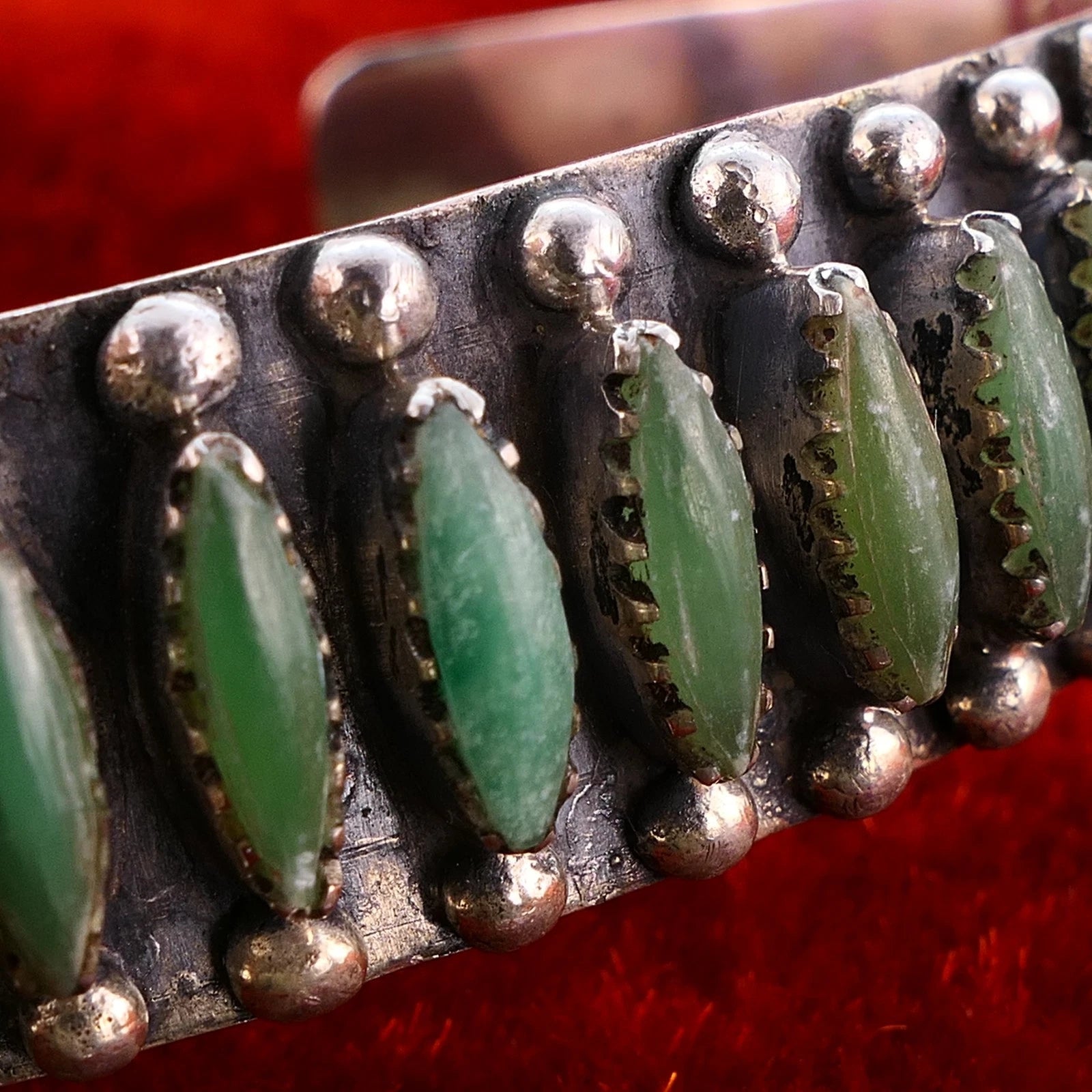 Navajo 925 Sterling Silber Needlepoint Jade / Nephrit Armreif Armspange 17cm Alt Vintage